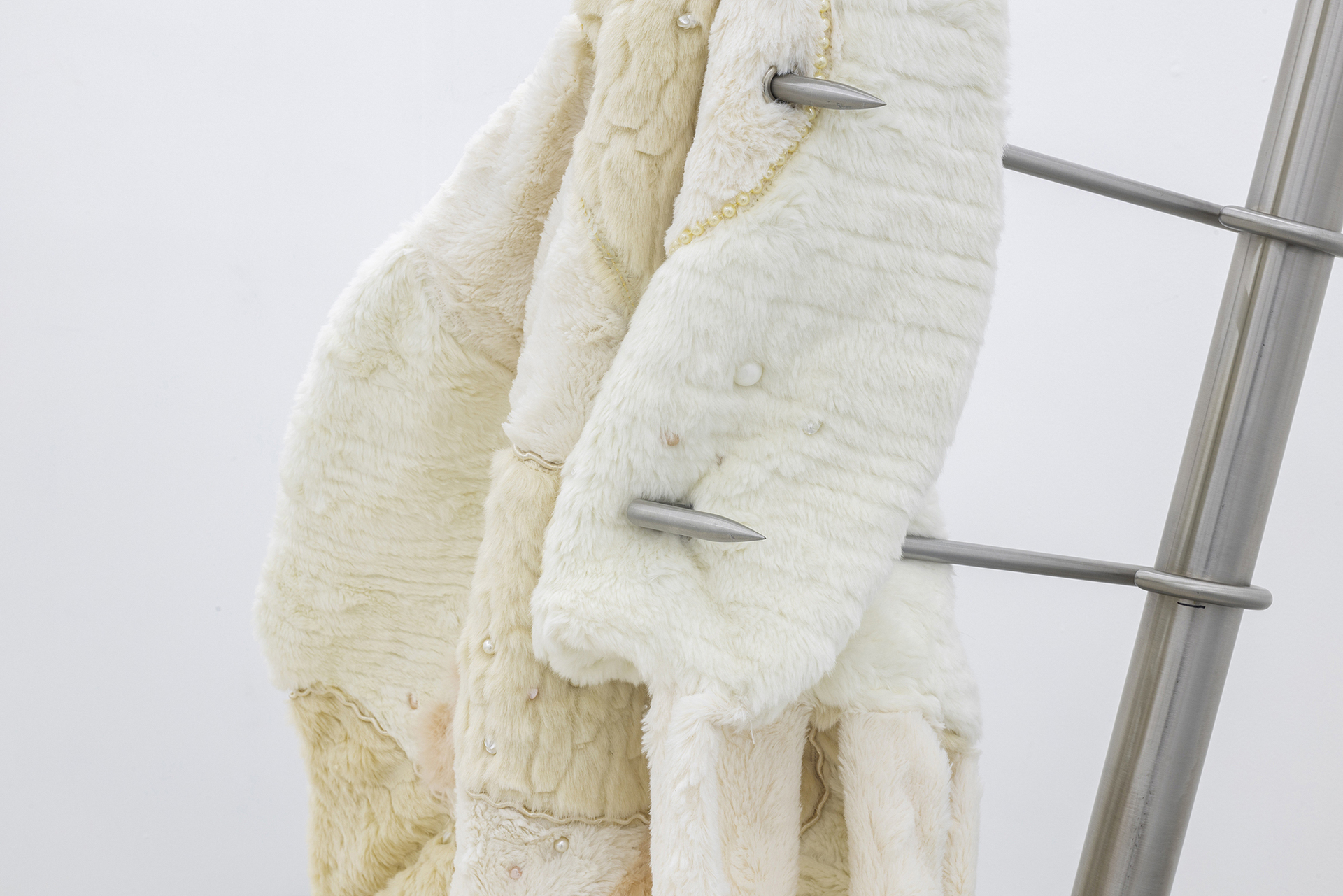 Kate Bohunnis, a healthy distance (part 1), 2021-2022, stainless steel, faux fur, beads, faux pearls rope, cotton, 153 x 326 x 153 cm / 60 3/8 x 128 5/16 x 60 3/8 inches
