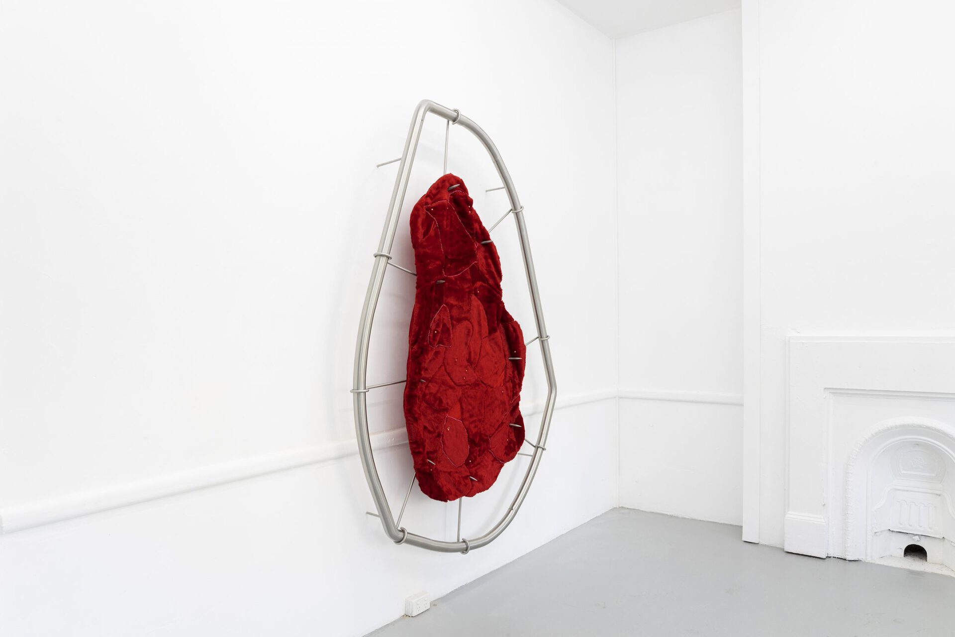 Kate Bohunnis house that heaves (2), 2021-2022 stainless steel, faux fur, velvet, beads, faux pearls, rope 212 x 137 x 16 cm / 83 7/16 x 53 15/16 x 6 5/16 inches