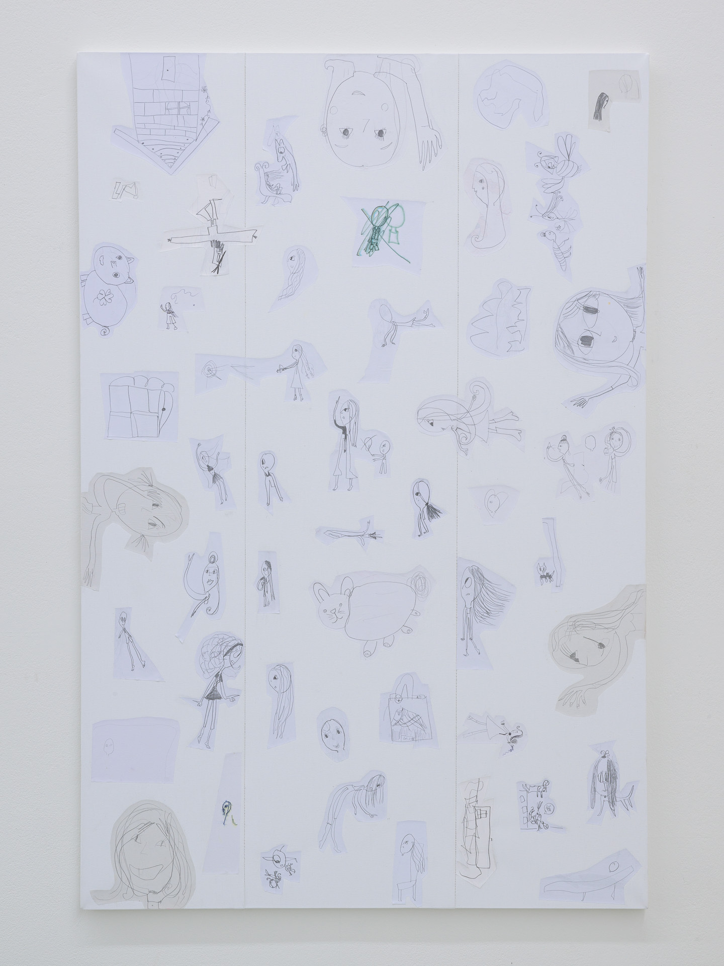 Lukas Quietzsch, Zeichnungen von Edie ausgeschnitten und aufgeklebt, 2021, Gouache on canvas, 150 × 100 cm, Photo: Marc Doradzillo