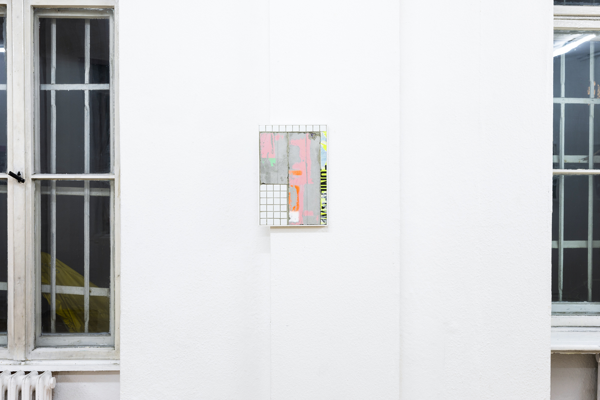 Bram Braam, sunrise adventures #5, 2021, concrete, spray-paint, posters, tiles, wood, 41 × 28 cm
