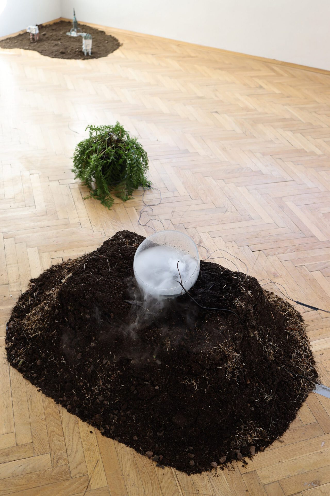 Lena Violetta Leitner TREMATE, 2022, glass bowl, soil (mostly from Oberlaa, where Teresa Feodorowna Ries‘ sculpture „Witch“ was found), mist maker, variable dimensions