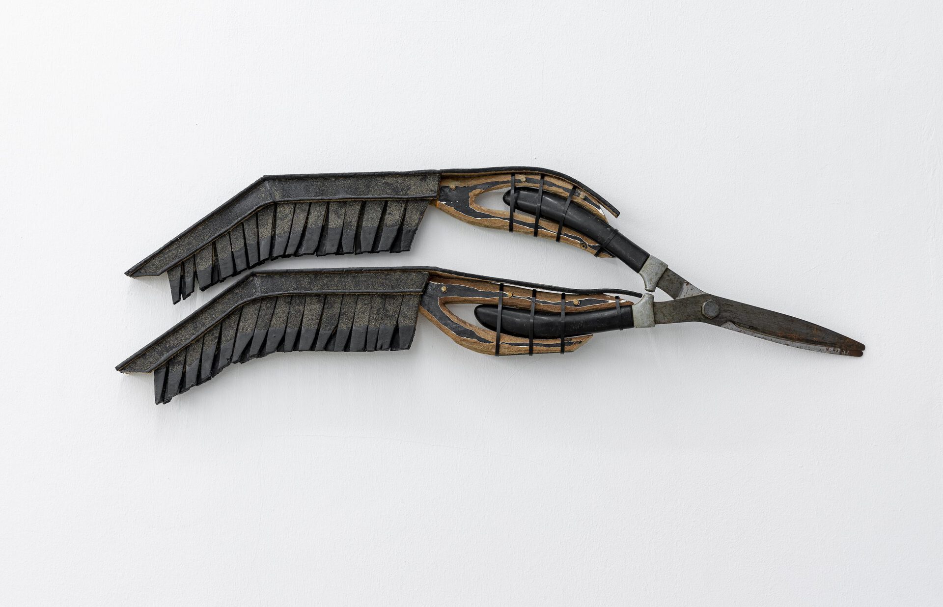 Josephine Baker - Outfaller #1, 2021, asphalt roofing felt, cable ties, cardboard, cork, hedge shears, MDF, nails, paint, pine dowelling, rubber, 92.5x27.5x7.5 cm