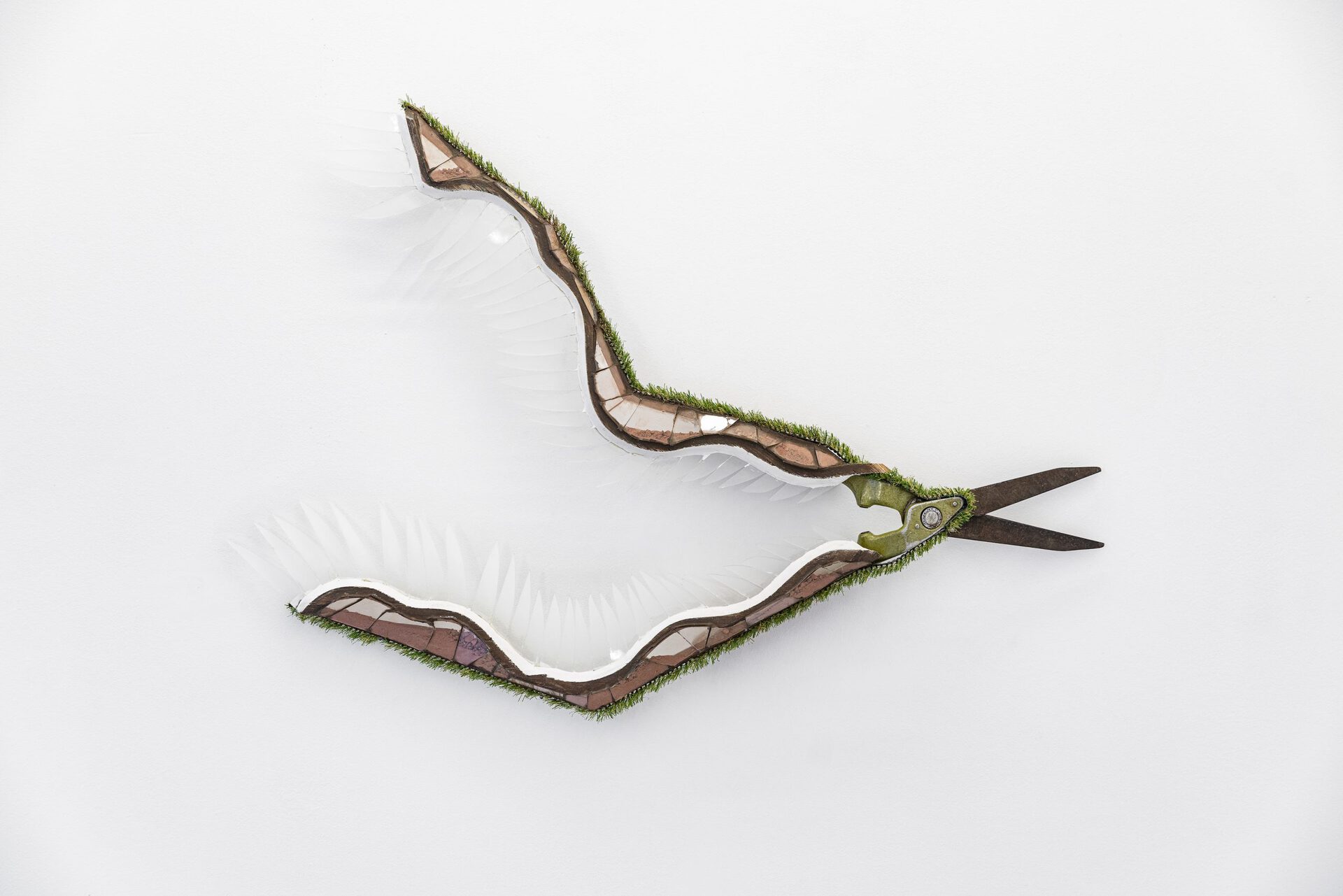 Josephine Baker - Outfaller #2, 2021, artificial grass, cliff sand (Jurassic Coast), glass, hedge shears, plywood, plaster, silicone, varnish, wire and fixings, 101x71x9 cm