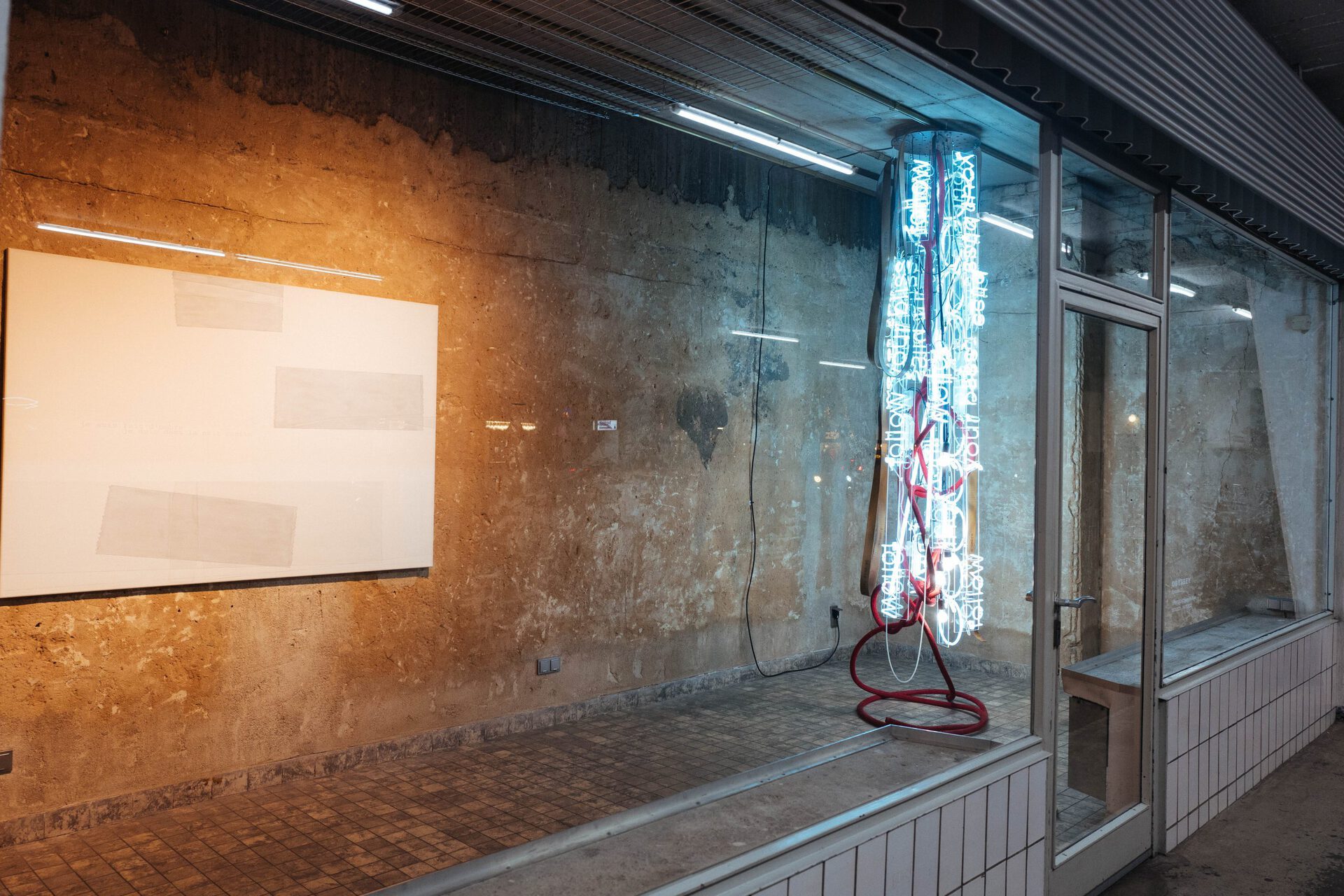 Astrid Klein, I am made of shadow; Painting, 1988, Astrid Klein, Follow your bliss; vertical light sculpture, 2021