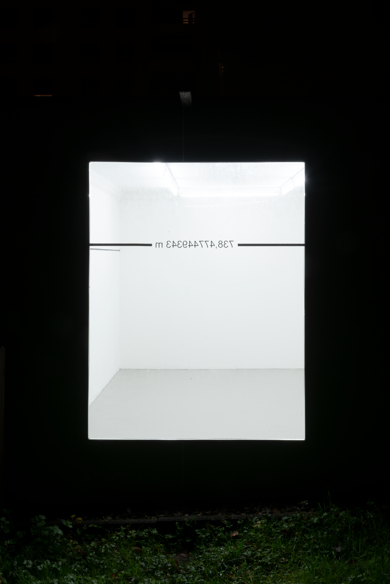 Wisrah Villefort. Field, 2021. Field, 2021. Wall Painting (paint, vinyl). Score: The longest wall of the exhibition space to be marked with the indication of its length as specified by the artist, and a wall perpendicular to it to be marked with the length to complete the indication the area of one acre in square meters within the exhibition space as specified by the artist. The marks should be madeon the average height of a commercial ox.Dimensions variable according to the exhibition space.