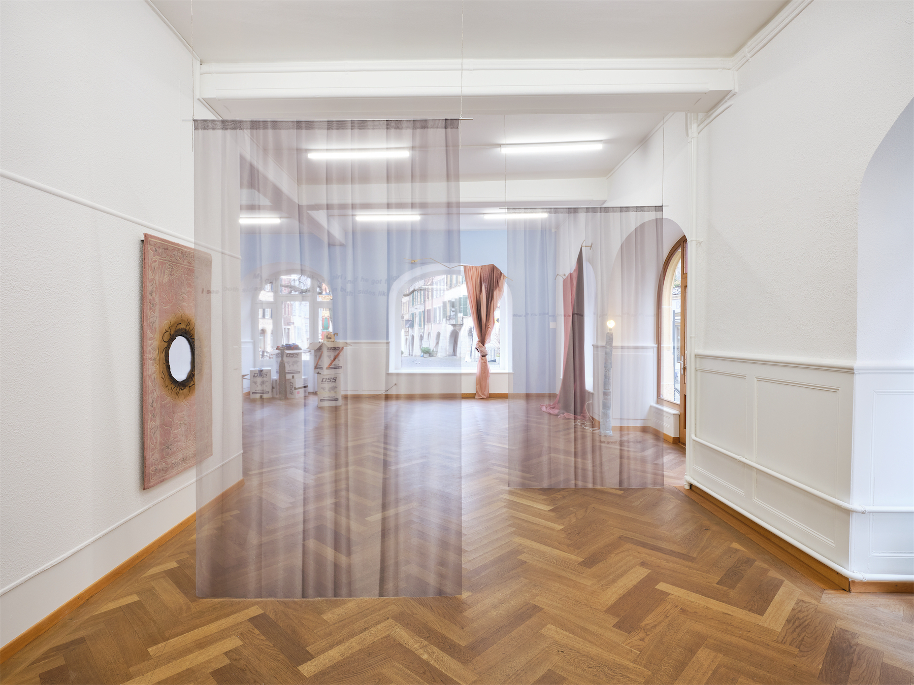 Installation views Stitches. Home as Composition, Pablo Rezzonico Bongcam, Camille Farrah Buhler (curtains), Clare Kenny (curtains in the back), KRONE COURONNE, 2022. Photo: © Nicolas Delaroche Studio