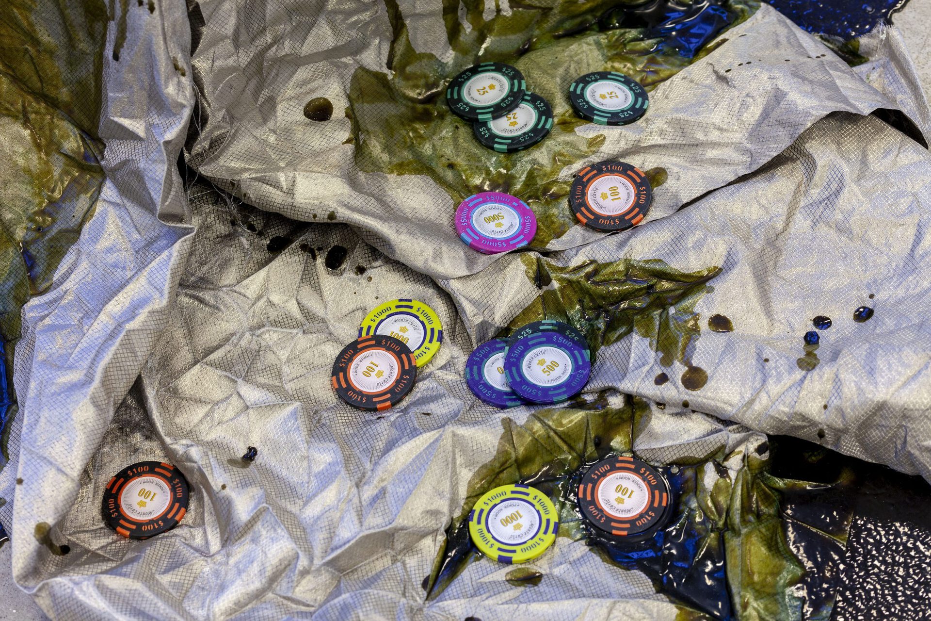 10 Sven Parker. Witches of Faraday, 2022, installation, buckets, brooms, poker chips, faraday shielding fabric, paint pigments, silicone, latex, pigment, dimensions variable. Photo by Roman-Sten Tõnissoo