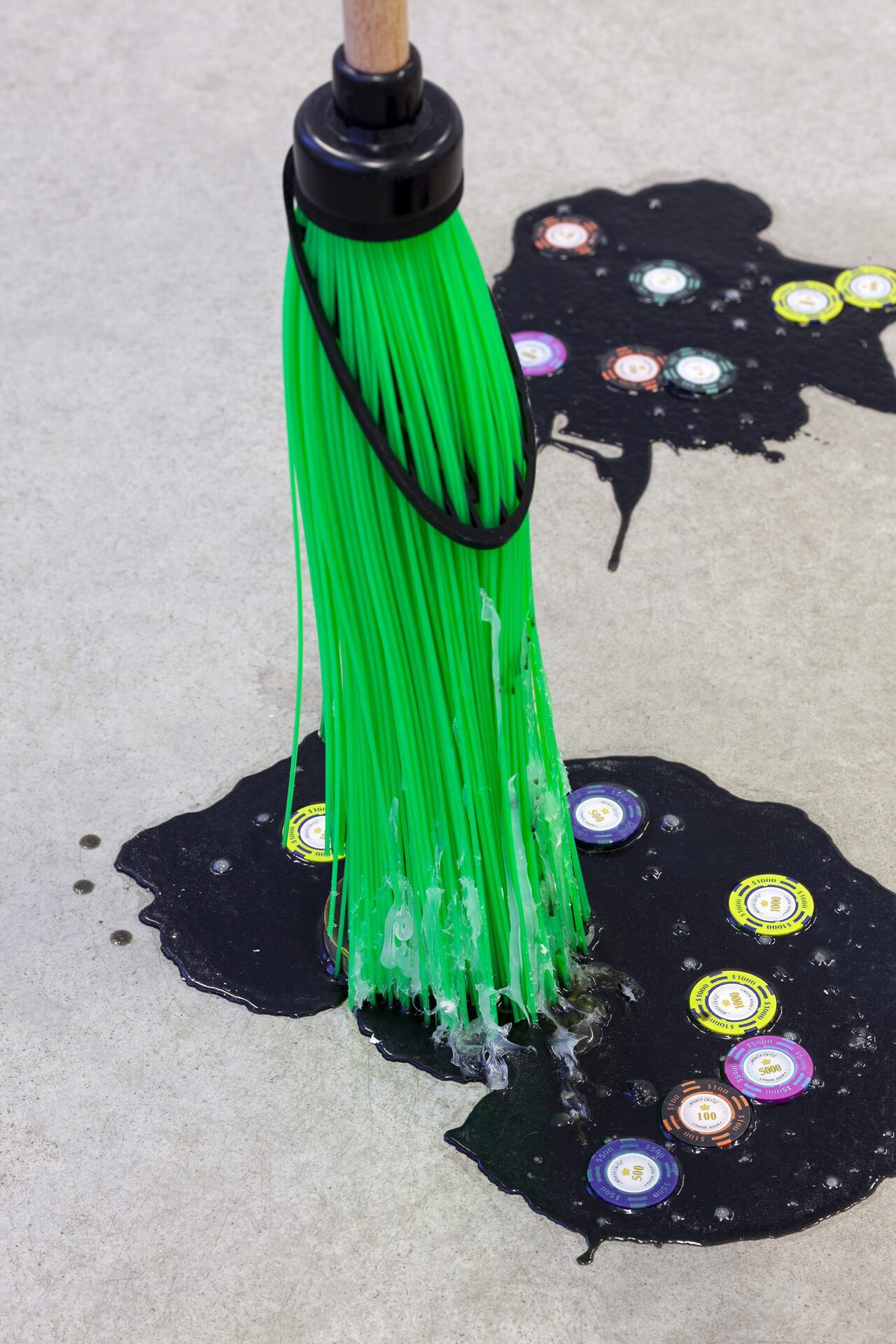 7 Sven Parker. Witches of Faraday, 2022, installation, buckets, brooms, poker chips, faraday shielding fabric, paint pigments, silicone, latex, pigment, dimensions variable. Photo by Roman-Sten Tõnissoo