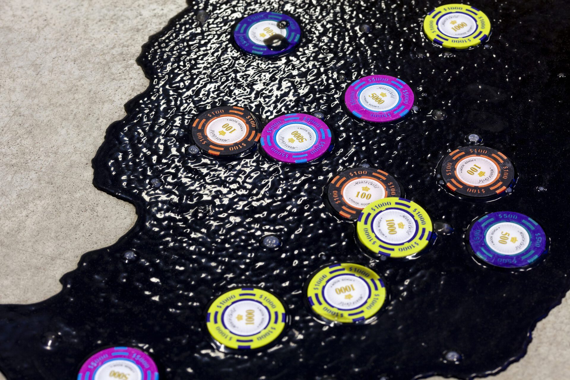 8 Sven Parker. Witches of Faraday, 2022, installation, buckets, brooms, poker chips, faraday shielding fabric, paint pigments, silicone, latex, pigment, dimensions variable. Photo by Roman-Sten Tõnissoo