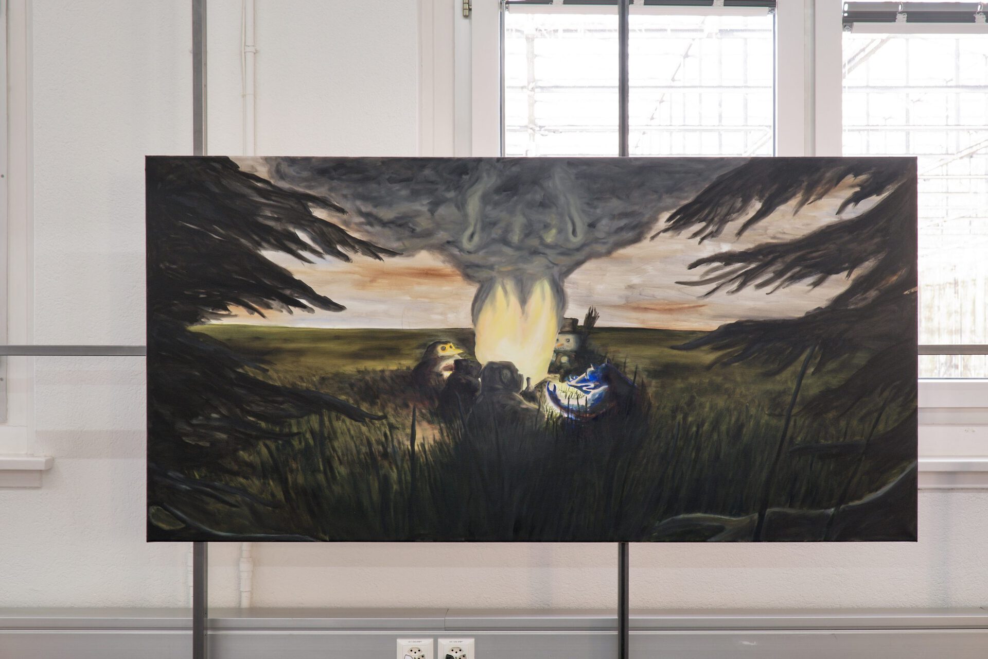 Kevin Aeschbacher, Spätsommerlicher Irrtum am Waldrand (lush evenings/feeling distant), 2022, oil on fabric, 90 x 180 cm