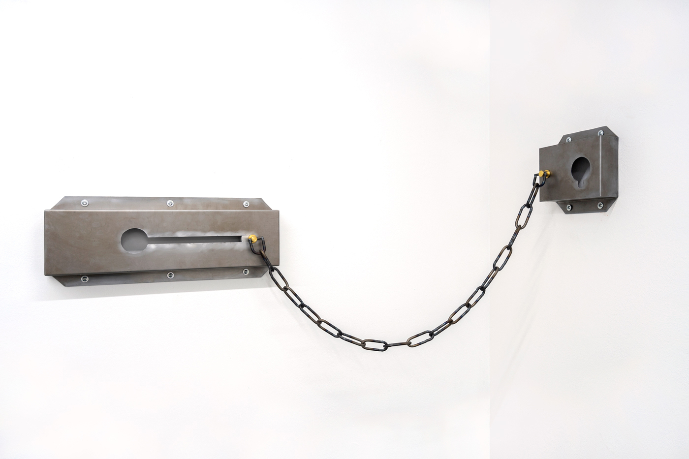 Placebo (S), 2022, Steel, aluminium, brass, 17 x 63 x 7 cm / 17 x 24 x 7 cm, 6 3/4 x 24 3/4 x 2 3/4 in / 6 3/4 x 9 1/2 x 2 3/4 in, hanging size variable