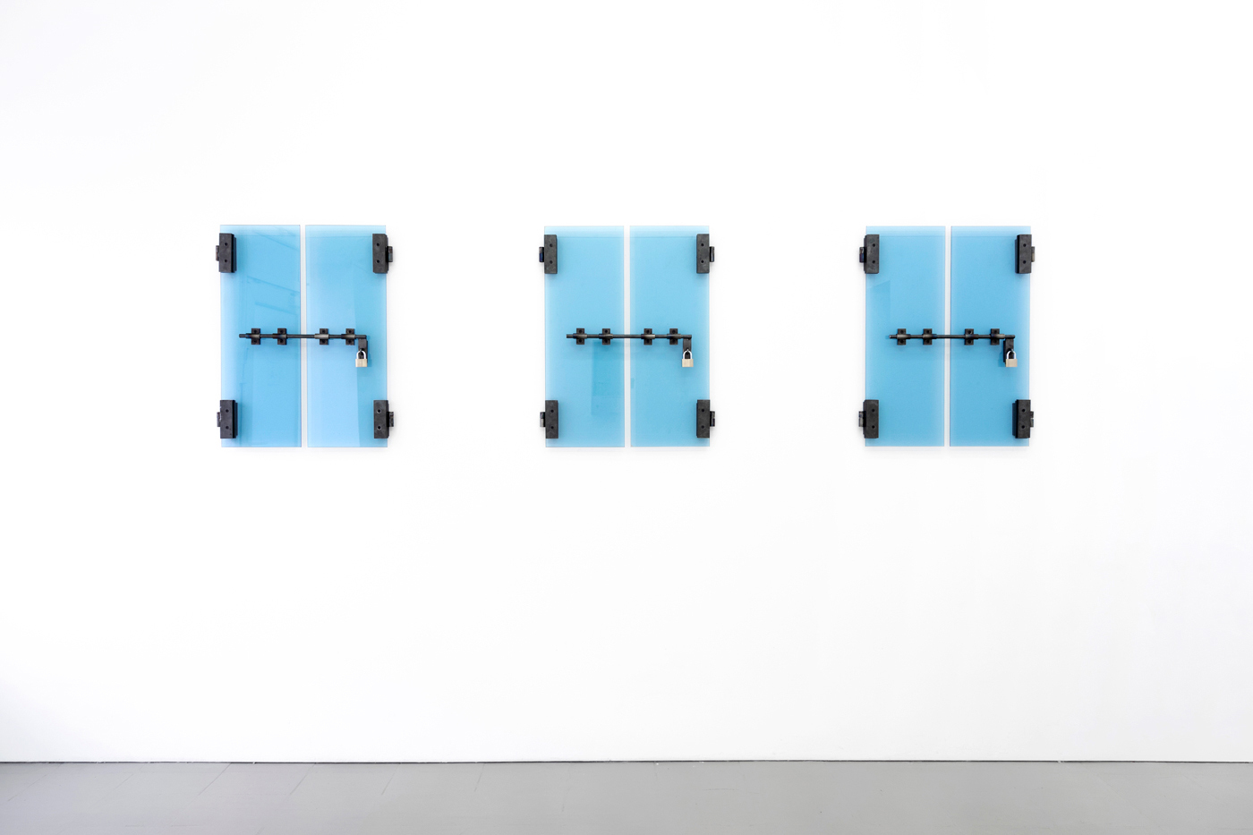 Only On Appointment (1), (2), (3), 2022, Steel, glass, padlock, each 80 x 62 x 4 cm, 31 1/2 x 24 3/8 x 1 5/8 in