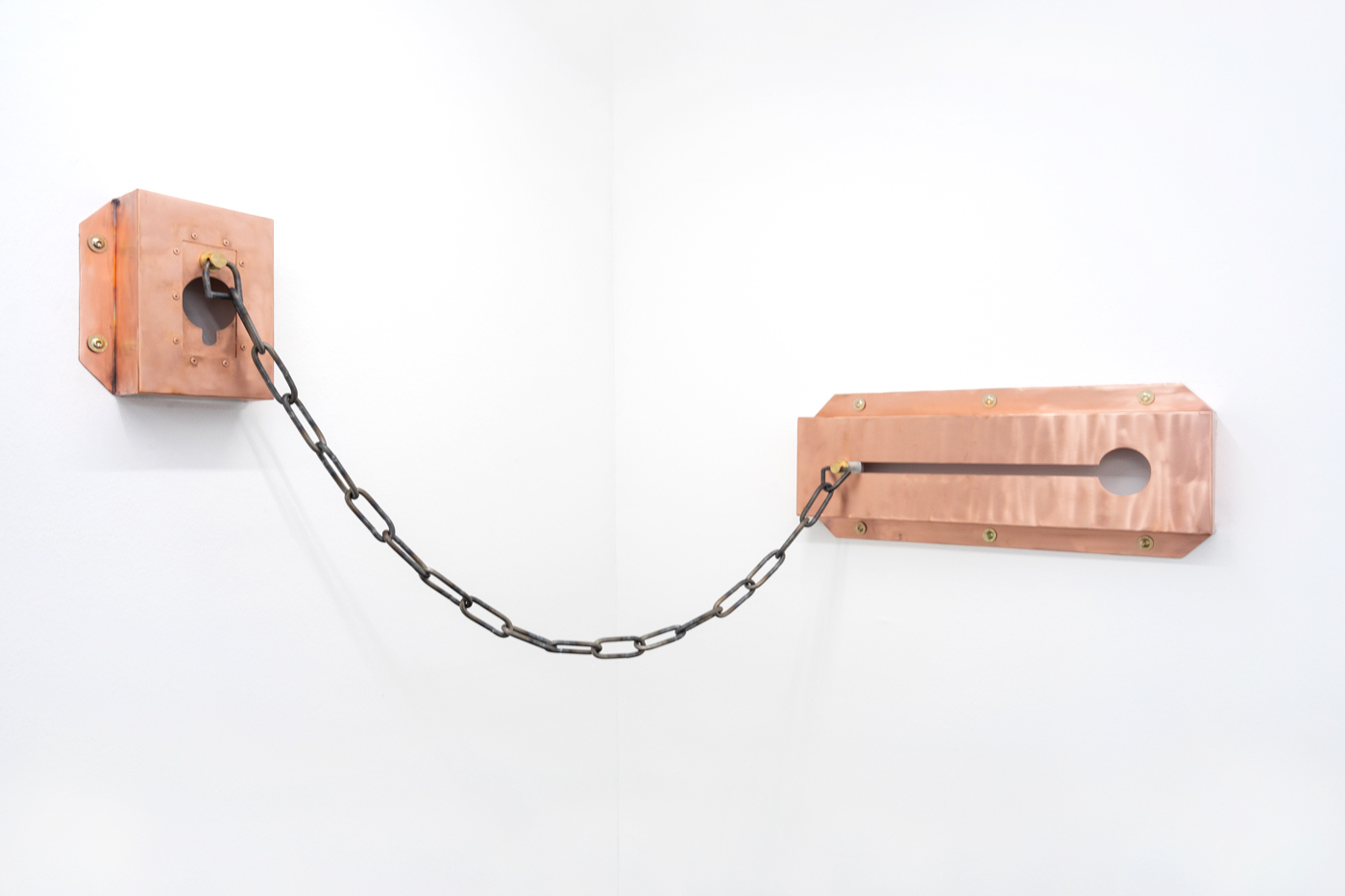 Placebo (C), 2022, Copper, steel, aluminium, brass, 17 x 63 x 7 cm / 24 x 17 x 7 cm, 6 3/4 x 24 3/4 x 2 3/4 in / 9 1/2 x 6 3/4 x 2 3/4 in, hanging size variable