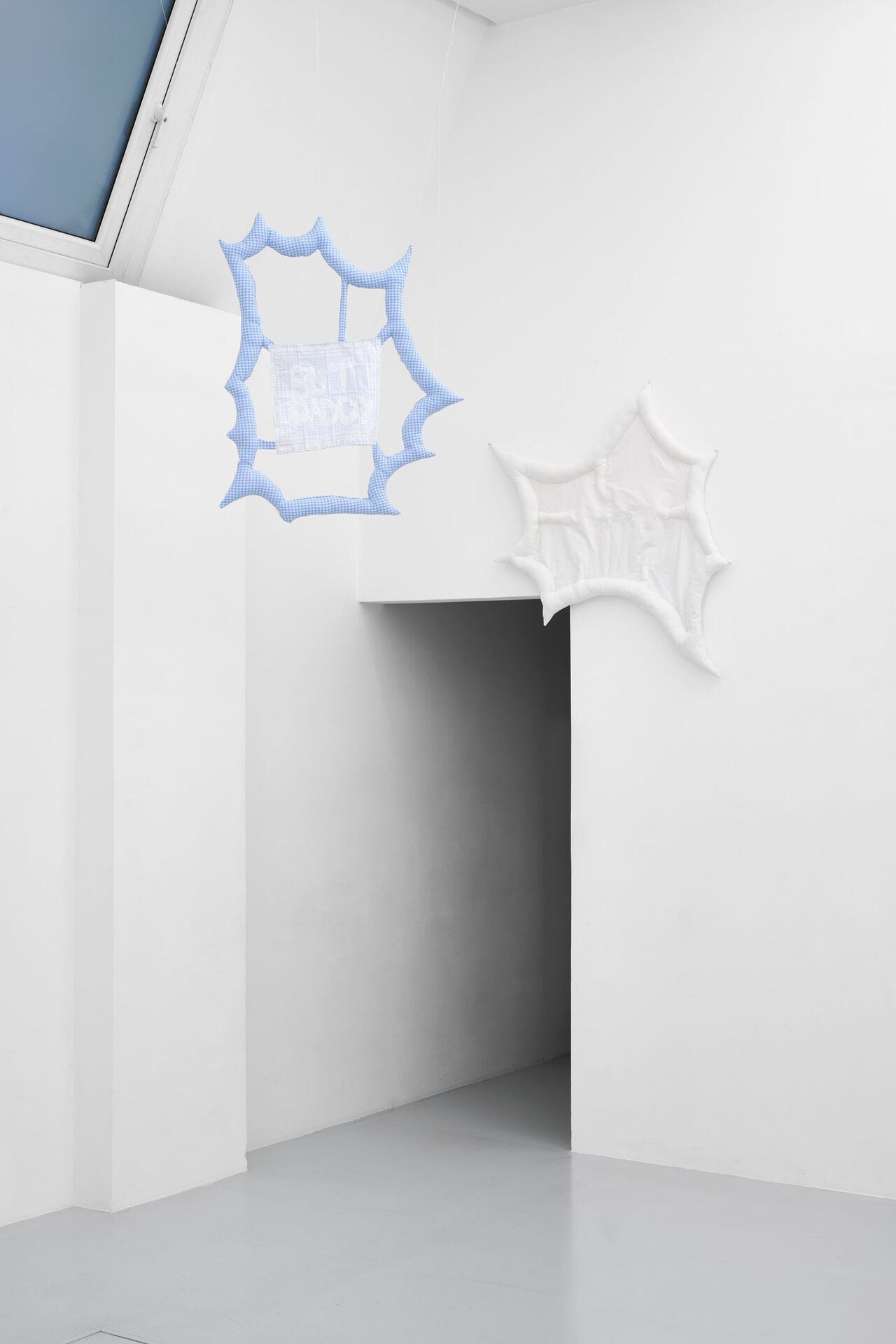 Franca Scholz, but daddy, 2021, cotton textile, cloth handkerchief, acrylic paint, quilted, 90 x 75cm; dot dot dot, 2021, bedspread, embroidery, quilted, 110 x 105cm.