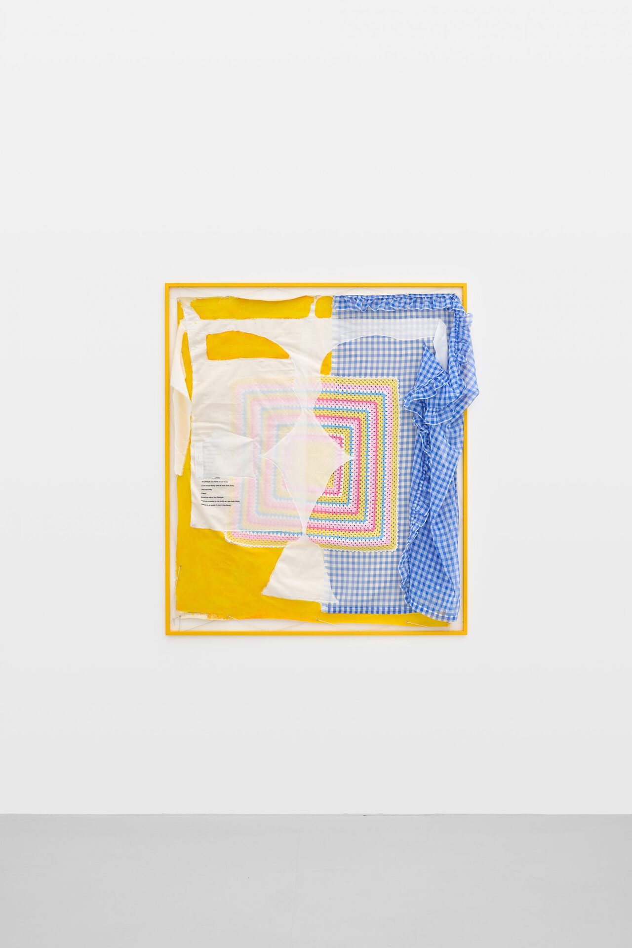 Franca Scholz, greedy lips, 2021, cotton textile, crochet blanket, curtain, overshirt, embroidery, acrylic on canvas in steel frame, 132 x 113 cm.