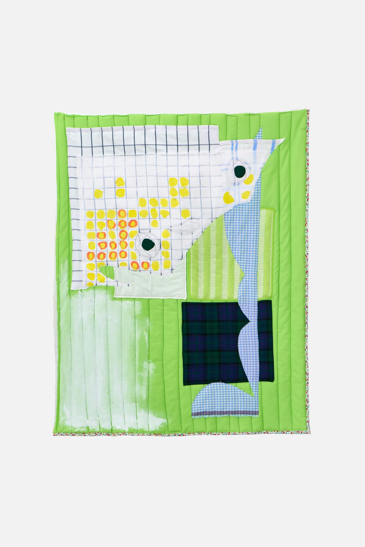 Franca Scholz, home is where the hunt is_2022_cotton textile, acrylic paint, dish towel, cloth handkerchief, quilted_108 x 87cm