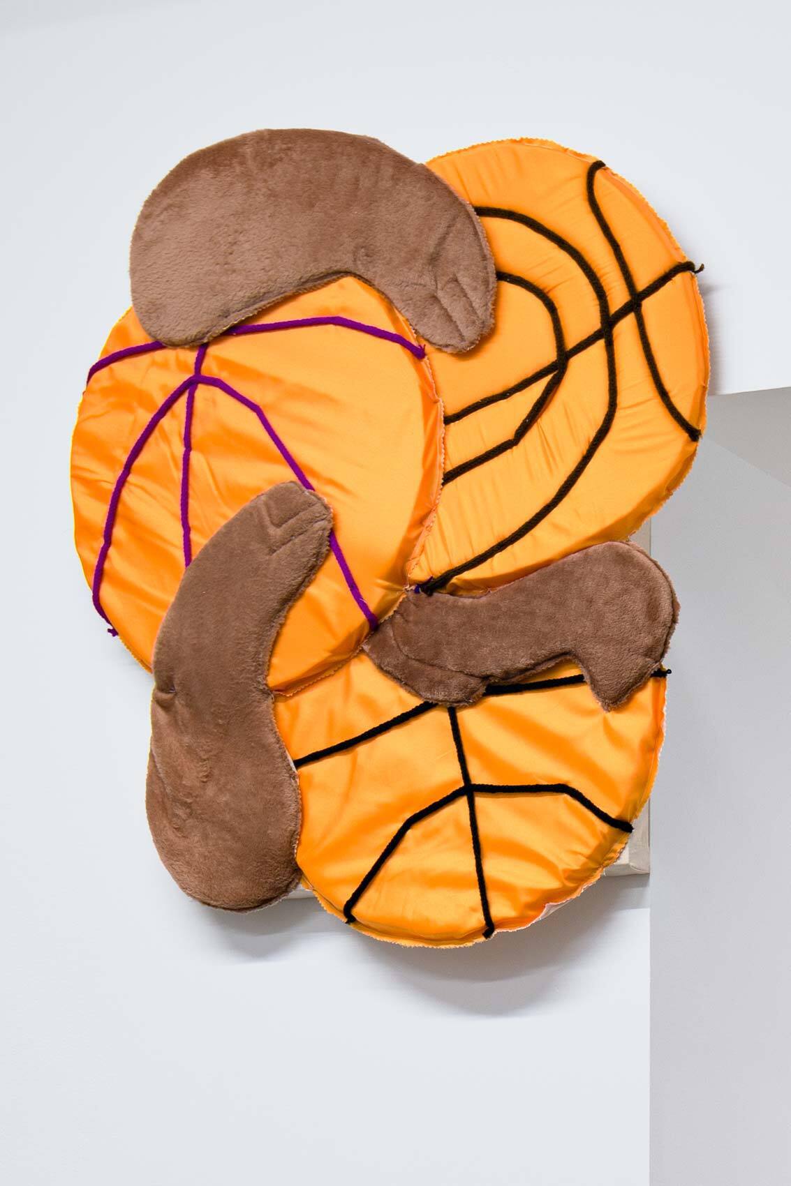 Daniel Ferstl, Ball of Confusion, 2022, PU-satin, plush, foam, wool, yarn, cotton, wood, 64 x 55.5 cm. © Wonnerth Dejaco and the artist. Photo: Peter Mochi