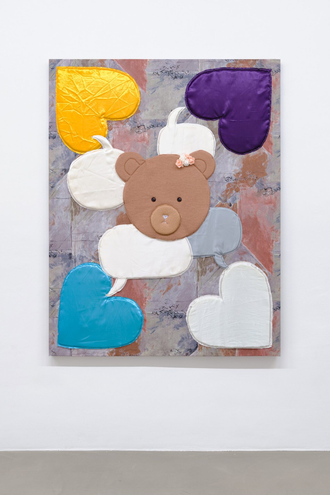Daniel Ferstl, AT-Field (Teddy), 2022, PU-satin, plush, foam, plastic flowers, yarn, cotton, wood,  160 x 125 cm. © Wonnerth Dejaco and the artist. Photo: Peter Mochi