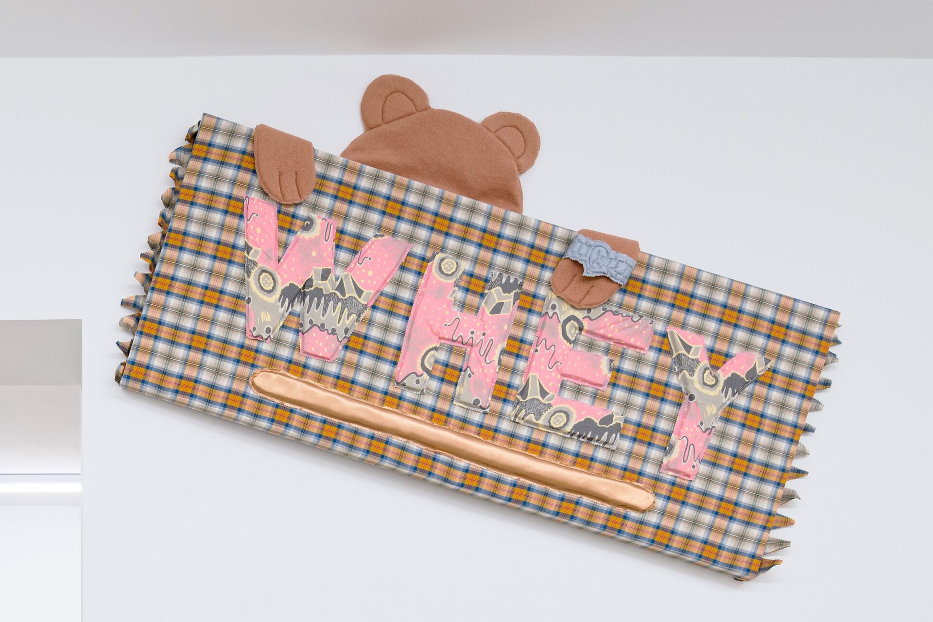 Daniel Ferstl, Get 10% off with code #lovers10, 2022, PU-satin, plush, foam, yarn, cotton, wood, 91 x 175 cm. © Wonnerth Dejaco and the artist. Photo: Peter Mochi