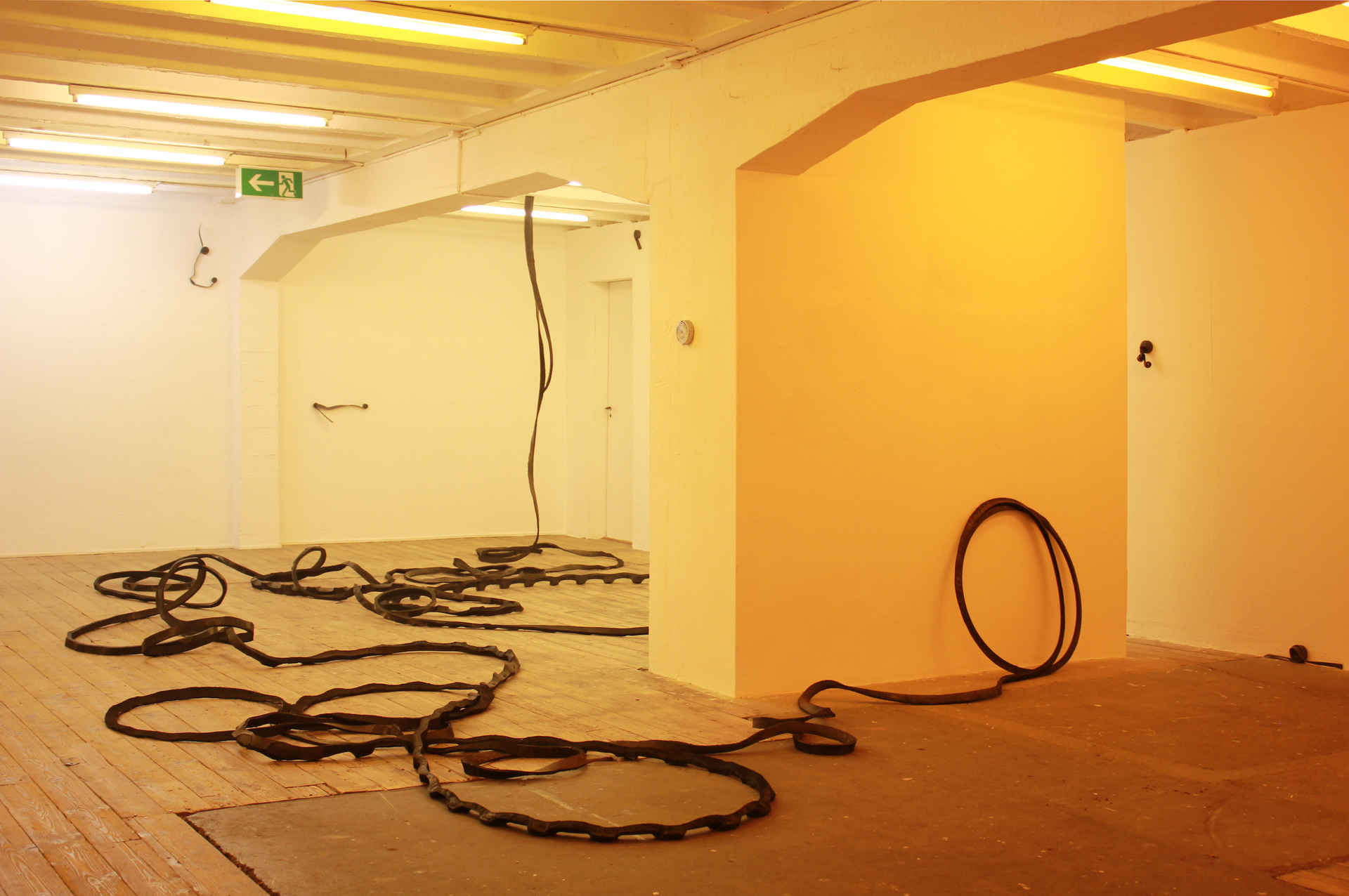 Vanessa Billy Whiplash, 2021 Cut tire, 6000 x 3 x 3 cm; Julia Znoj Deadly Swirls (wrapped up scripts), 2020 Steel strips, galvanised steel strips