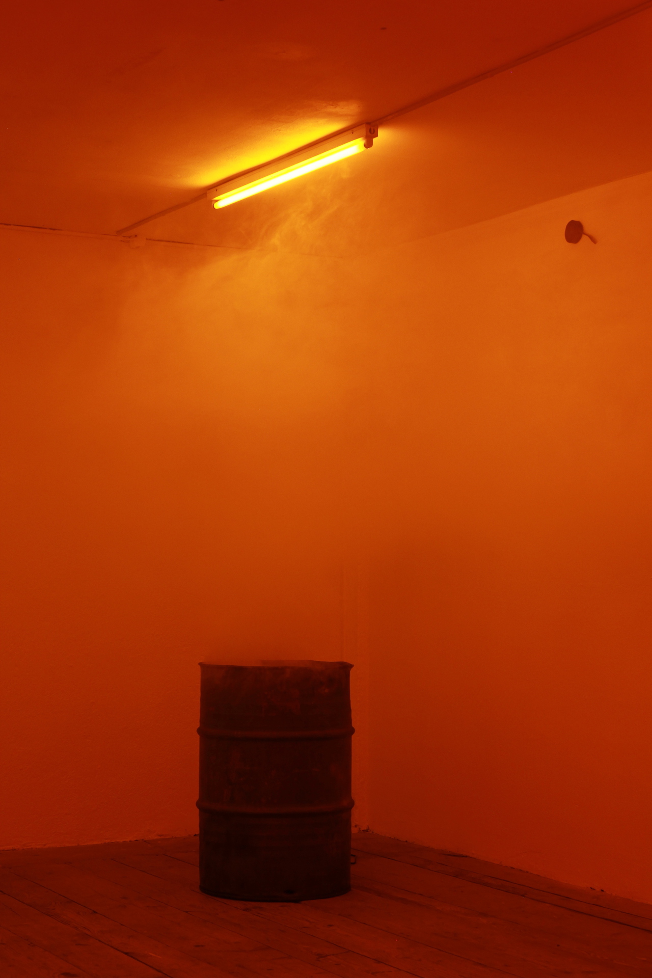 Vanessa Billy Empty the Earth to Fill the Sky, 2013 Oil barrel, smoke machine; Julia Znoj Deadly Swirls (wrapped up scripts), 2020 Steel strips, galvanised steel strips