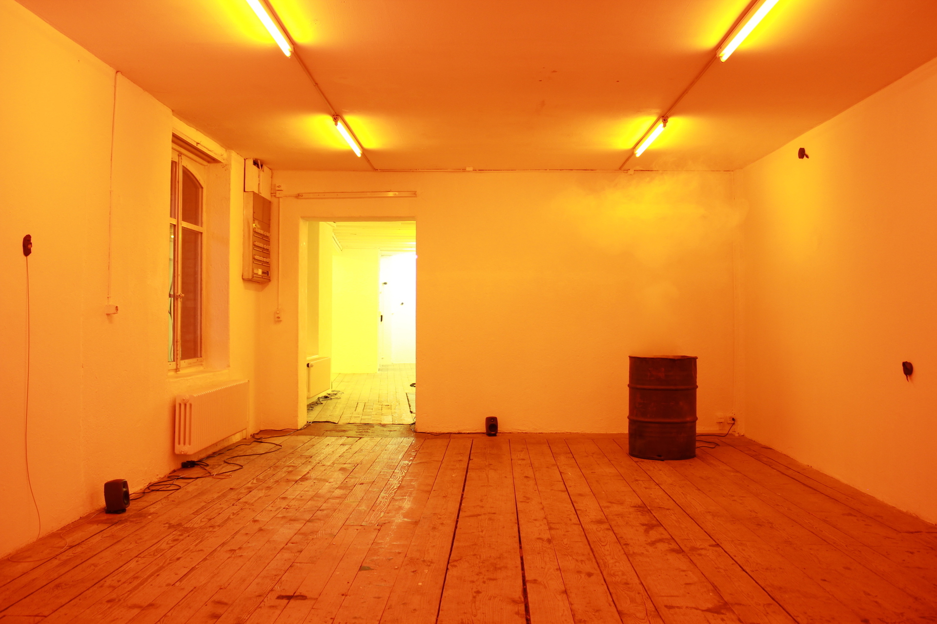 Vanessa Billy Empty the Earth to Fill the Sky, 2013 Oil barrel, smoke machine;Julia Znoj Deadly Swirls (wrapped up scripts), 2020 Steel strips, galvanised steel strips; Vanessa Billy Temperatures, 2018 Golden amber filters