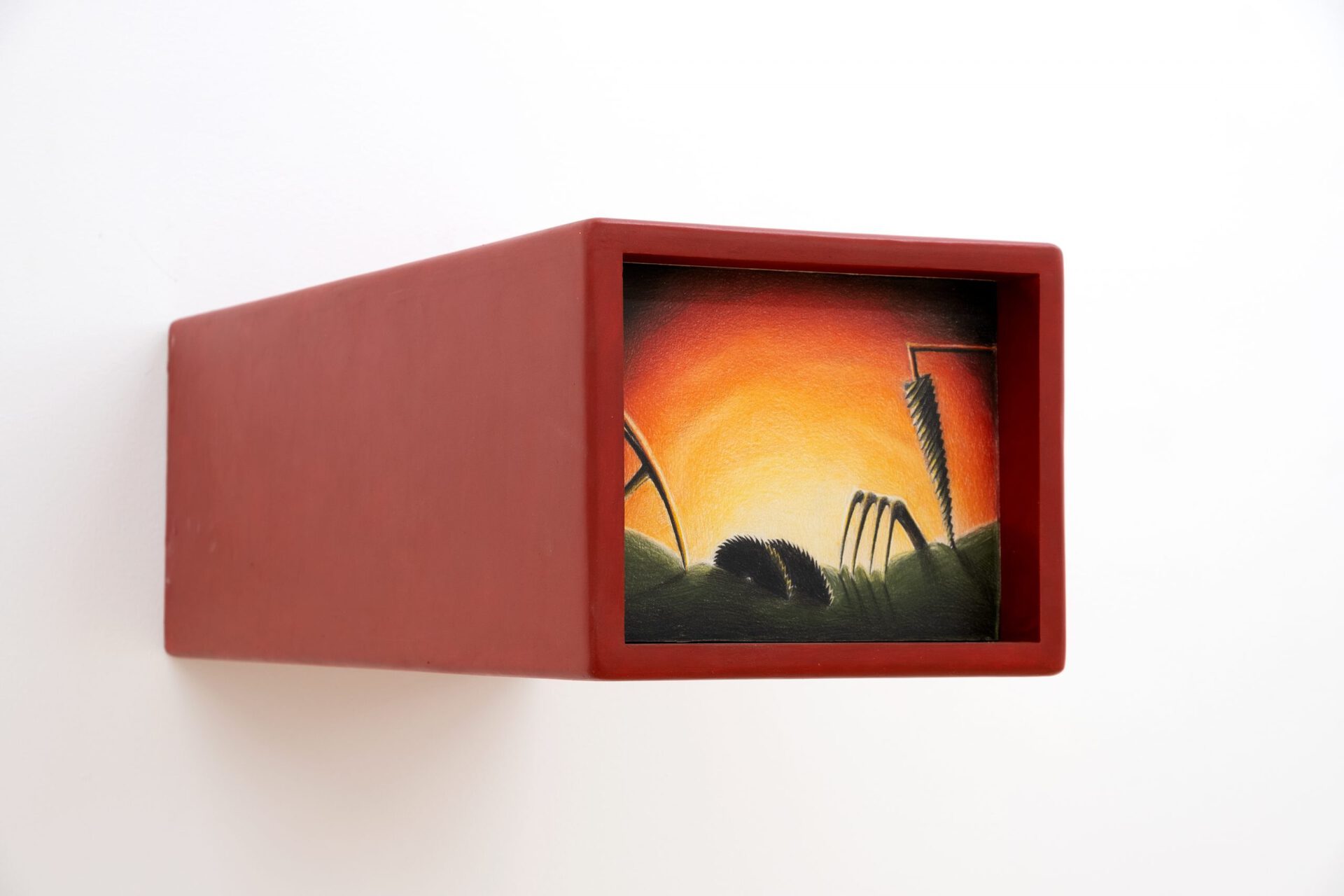 Kian McKeown, Earthminer, 2022, wood, paint, colored pencil on paper, 8 15/16 x 10 15/16 x 26 in