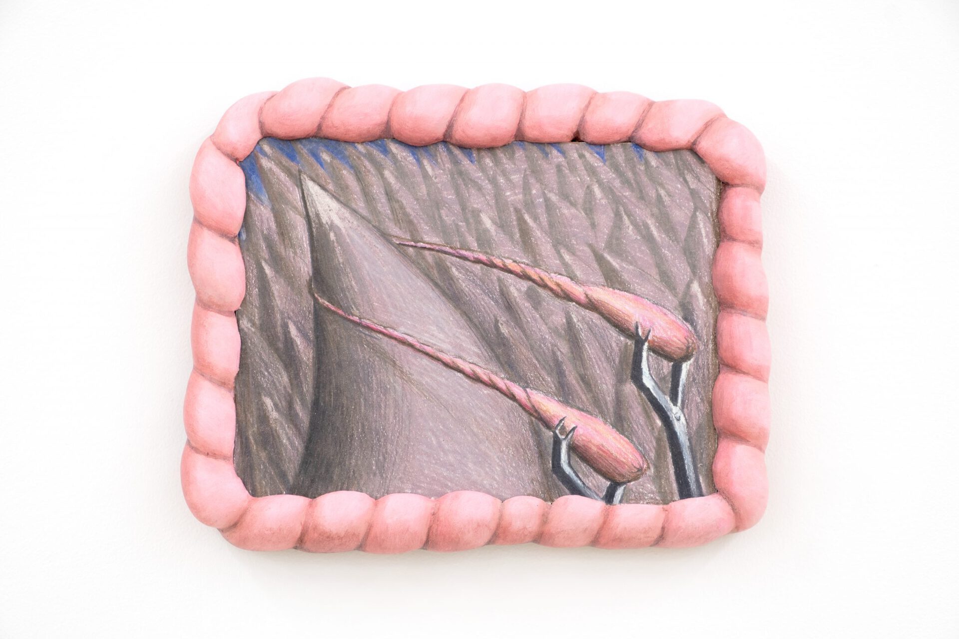 Kian McKeown, Catapult, 2022, colored pencil on paper, wood, foam, clay, paint, 8 1/8 x 9 5/8 x 1 1/3 in