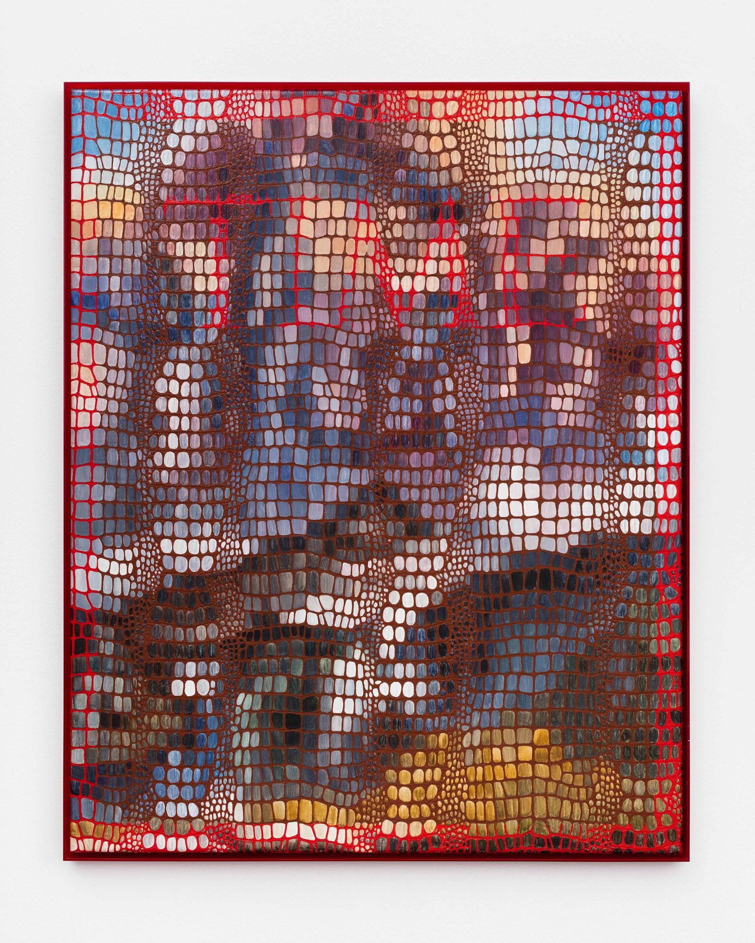 Lindsay Lawson, Time, 2022, water color and acrylic paint on faux crocodile leather with custom plexi frames, 101x81cm