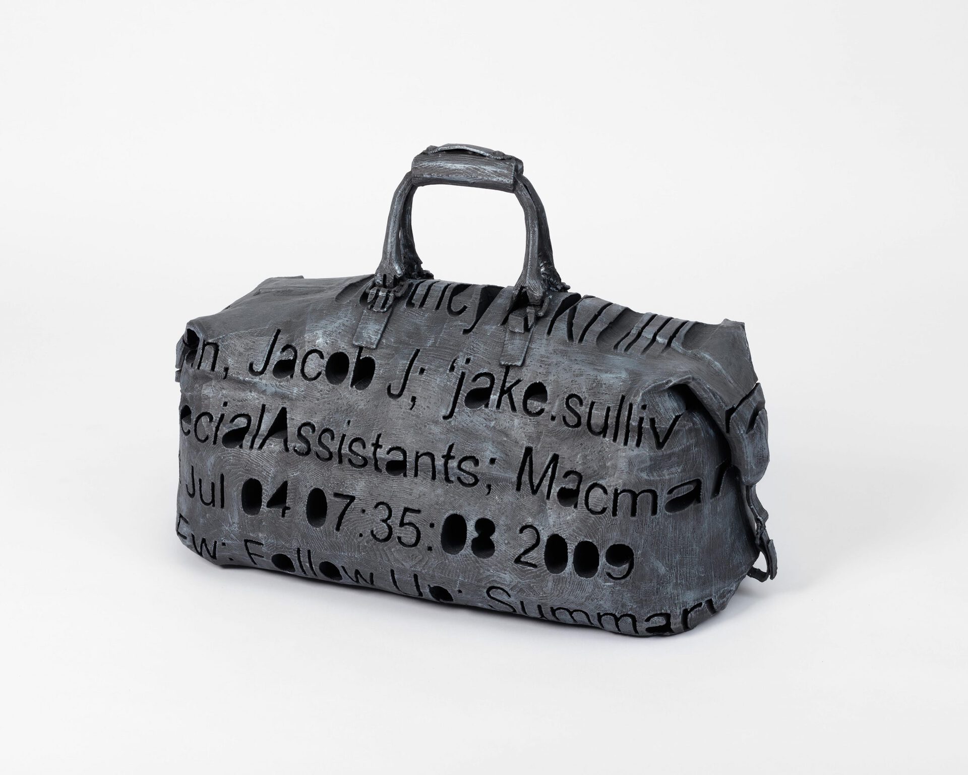 Lindsay Lawson, Hillary's Emails (Duffel), 2022, 3D prints, acrylic paint, graphite powder, 46x60x30cm