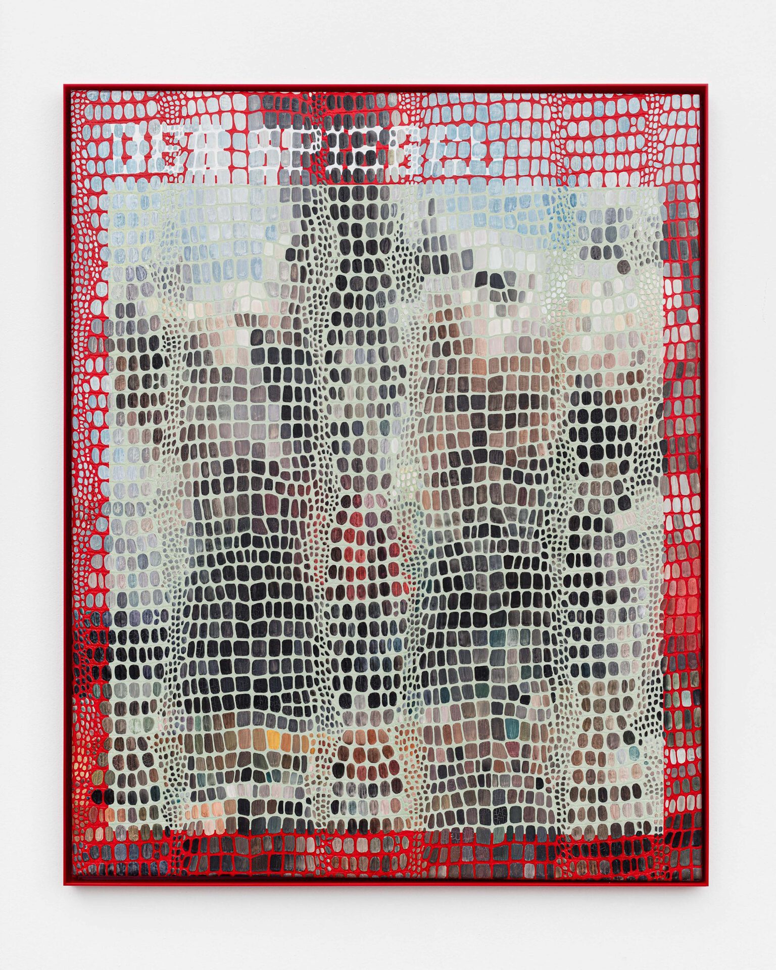 Lindsay Lawson, Der Spiegel, 2022, water color and acrylic paint on faux crocodile leather with custom plexi frames, 101x81cm