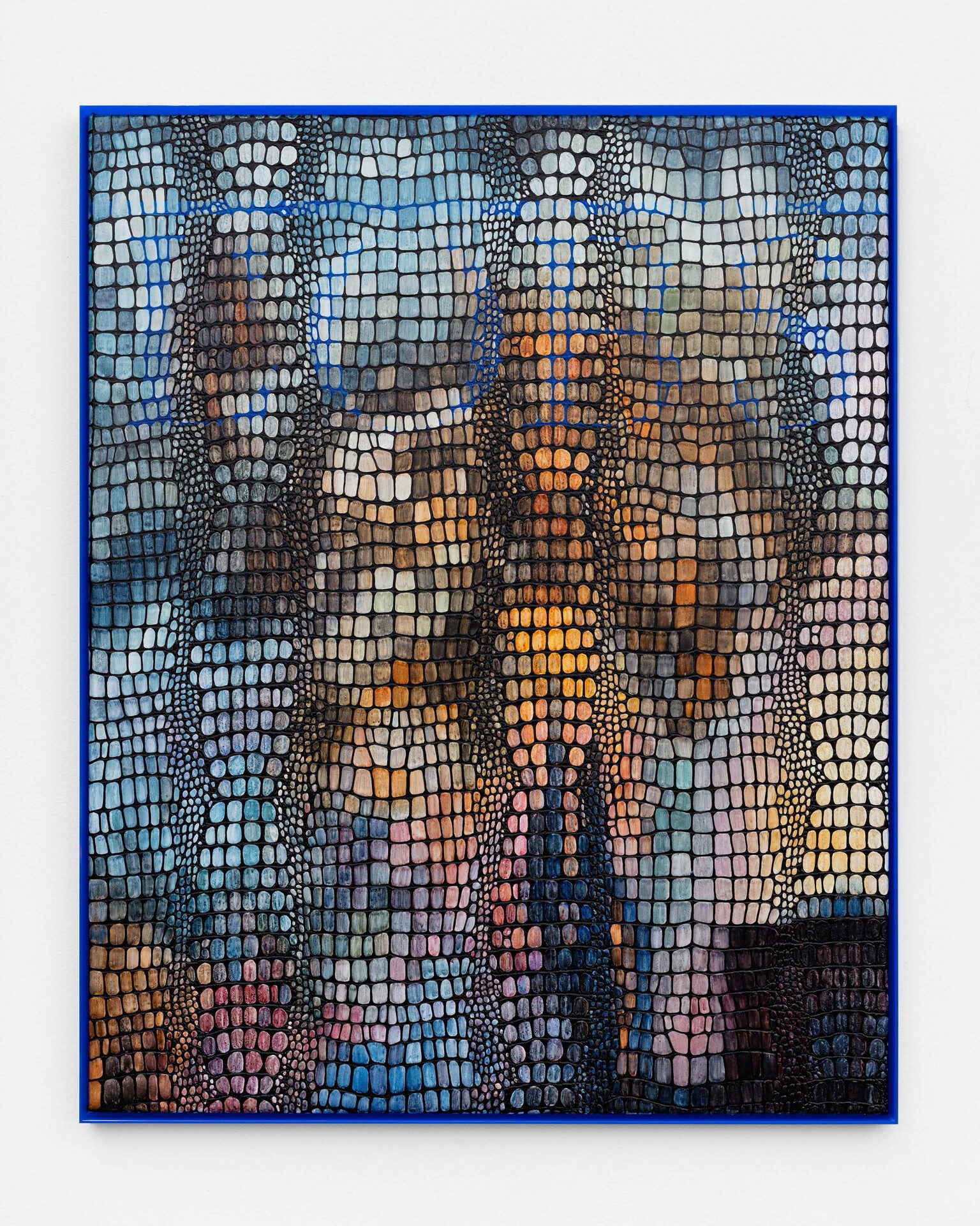 Lindsay Lawson, L'Obs, 2022, water color and acrylic paint on faux crocodile leather with custom plexi frames, 101x81cm