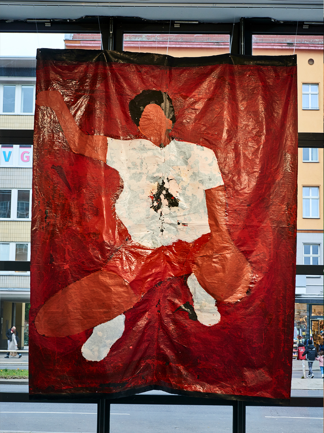 Ato Jackson, _ama_endorsed #1, 2020, acrylic and dye paste on black polyethylene sheet, 236 x 305cm