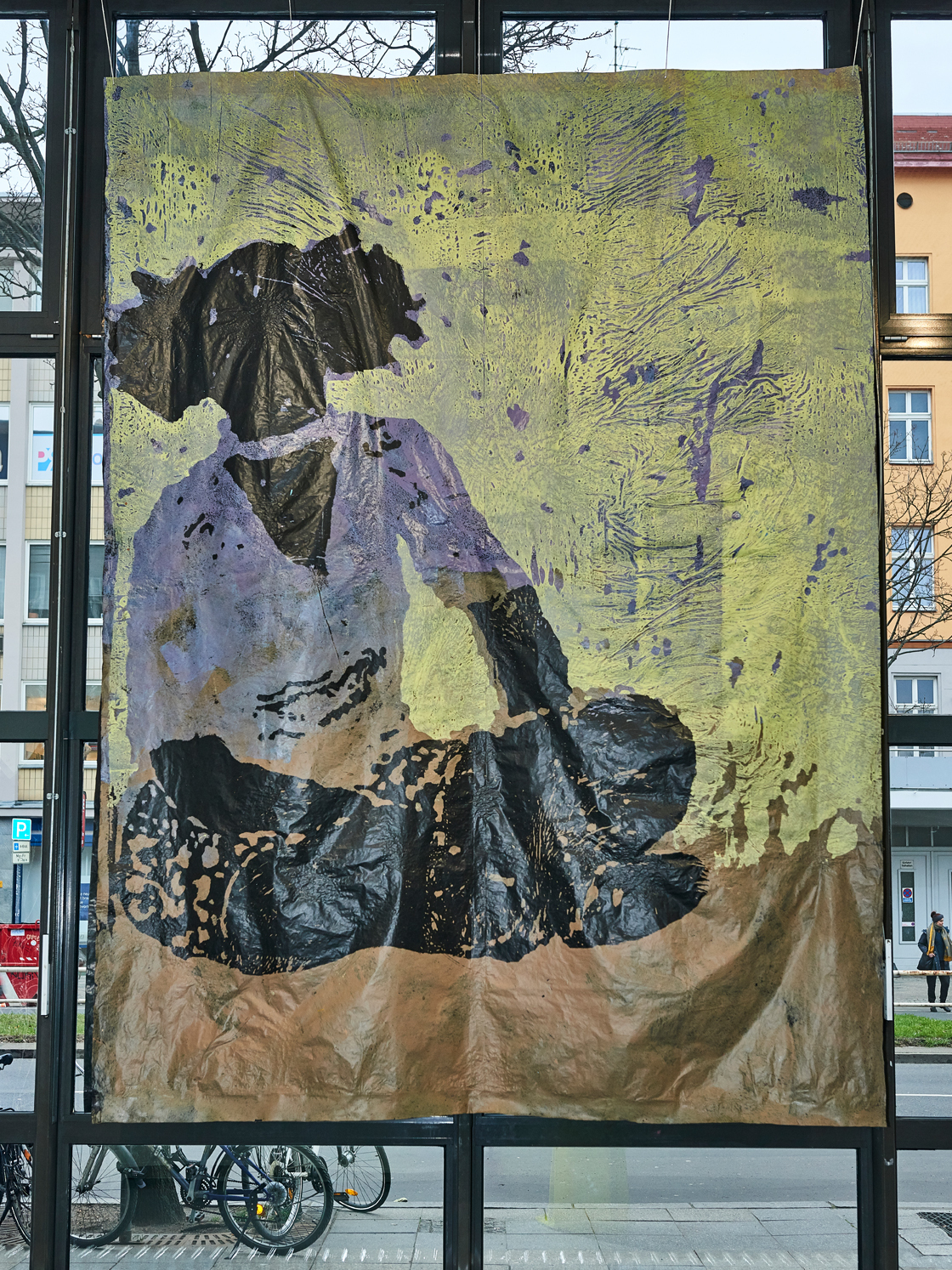 Ato Jackson, Celebration of the Twins #3, 2021, acrylic and dye paste on black polyethylene sheet, 230 x 305cm