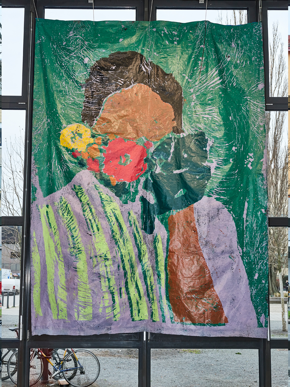 Ato Jackson,koj.sei #3, 2021, acrylic and dye paste on black polyethylene sheet, 230 x 305cm