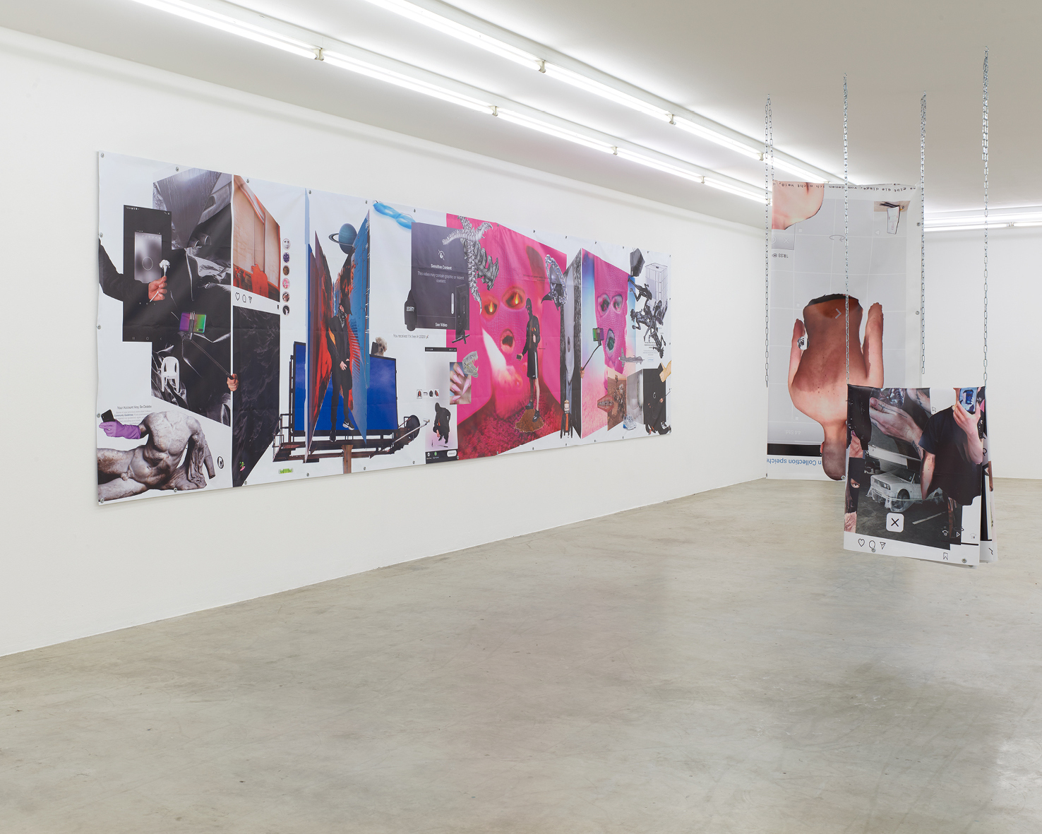 Fleckstein/Dworczyk, Witness to the (digital) world, 2020/21. A series of screenshot-compositions (digital print on PVC banner 1,7 x 6,4 m and 1,7 x 3,2 m folded as objects).