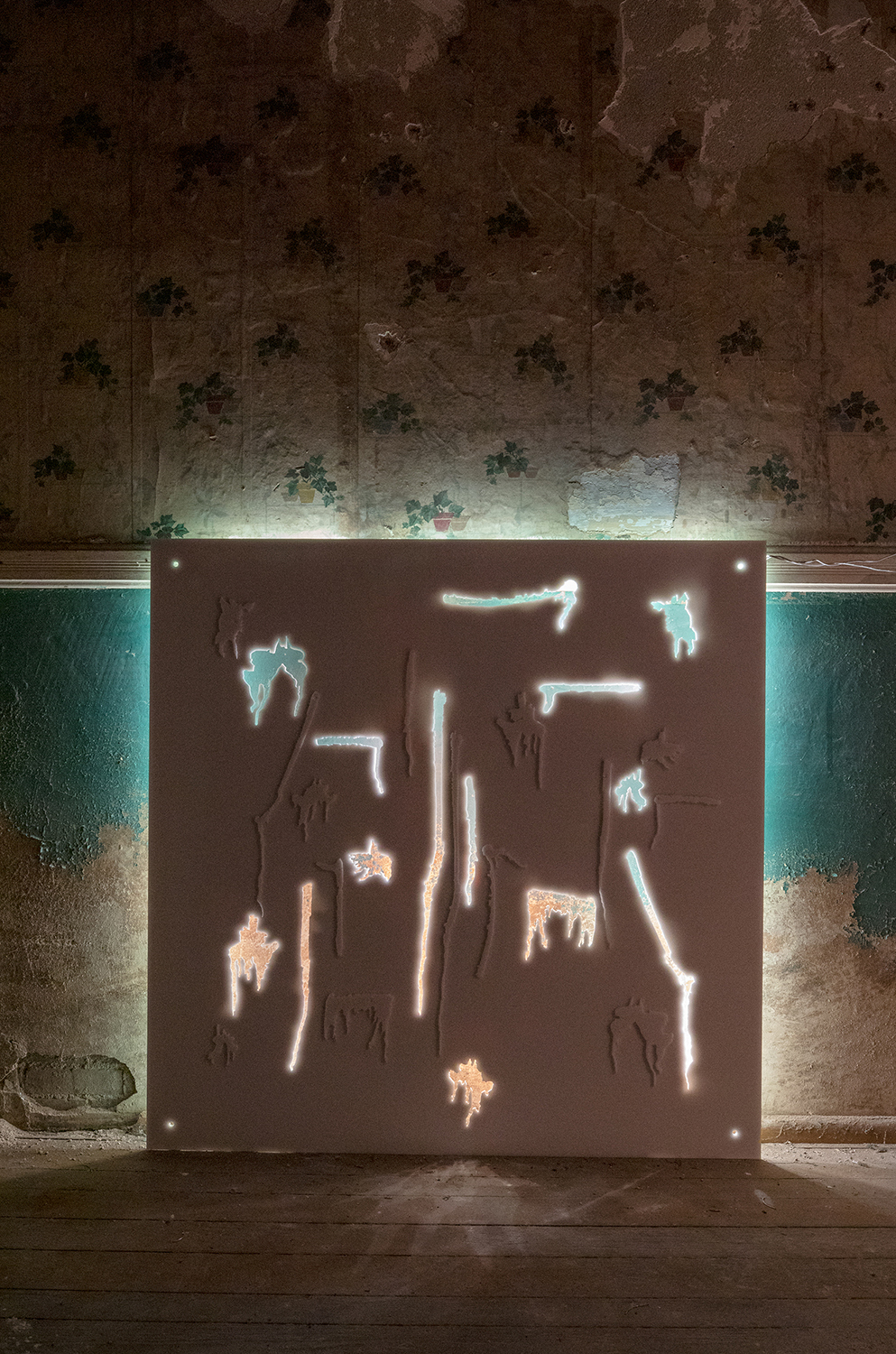 Maureen Keaveny, Fringe, 2021, Acrylic, Colored Paper, LEDs, 48” x 48”