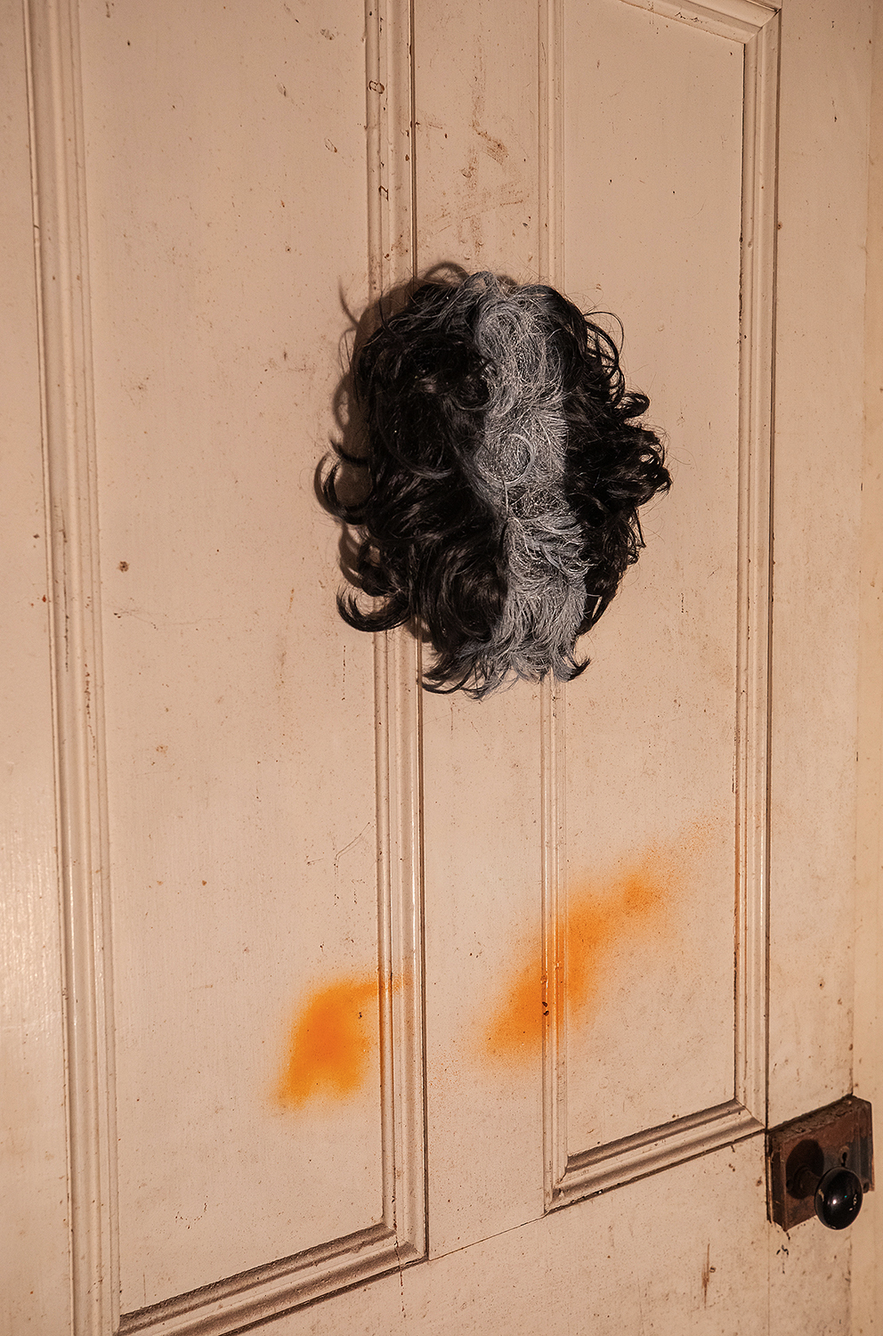 Maureen Keaveny, Scratch, 2020, Wig, Spray Paint, 3”d x 12” diameter