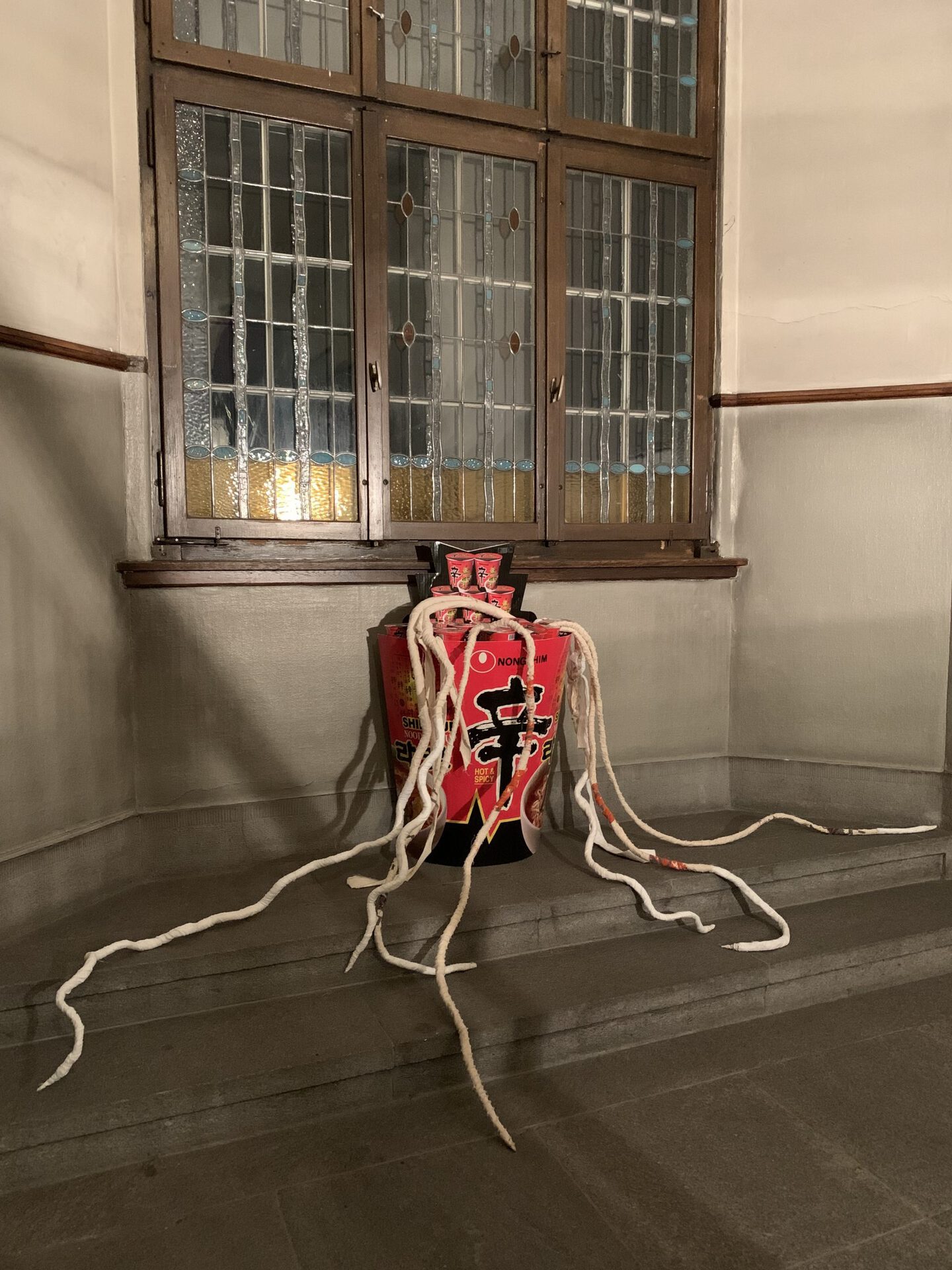 dimensionsDoris Dehan SonIt‘s perfectly cooked2022Shin ramyun advertising display, silkscreen ink on canvas, cotton cloth