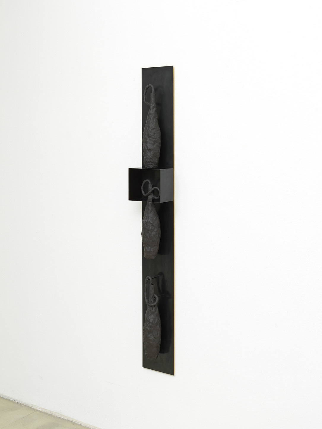 Untitled 2 (this, that, them), 2022, ceramic, blackened steel, 160 x 20 x 12 cm