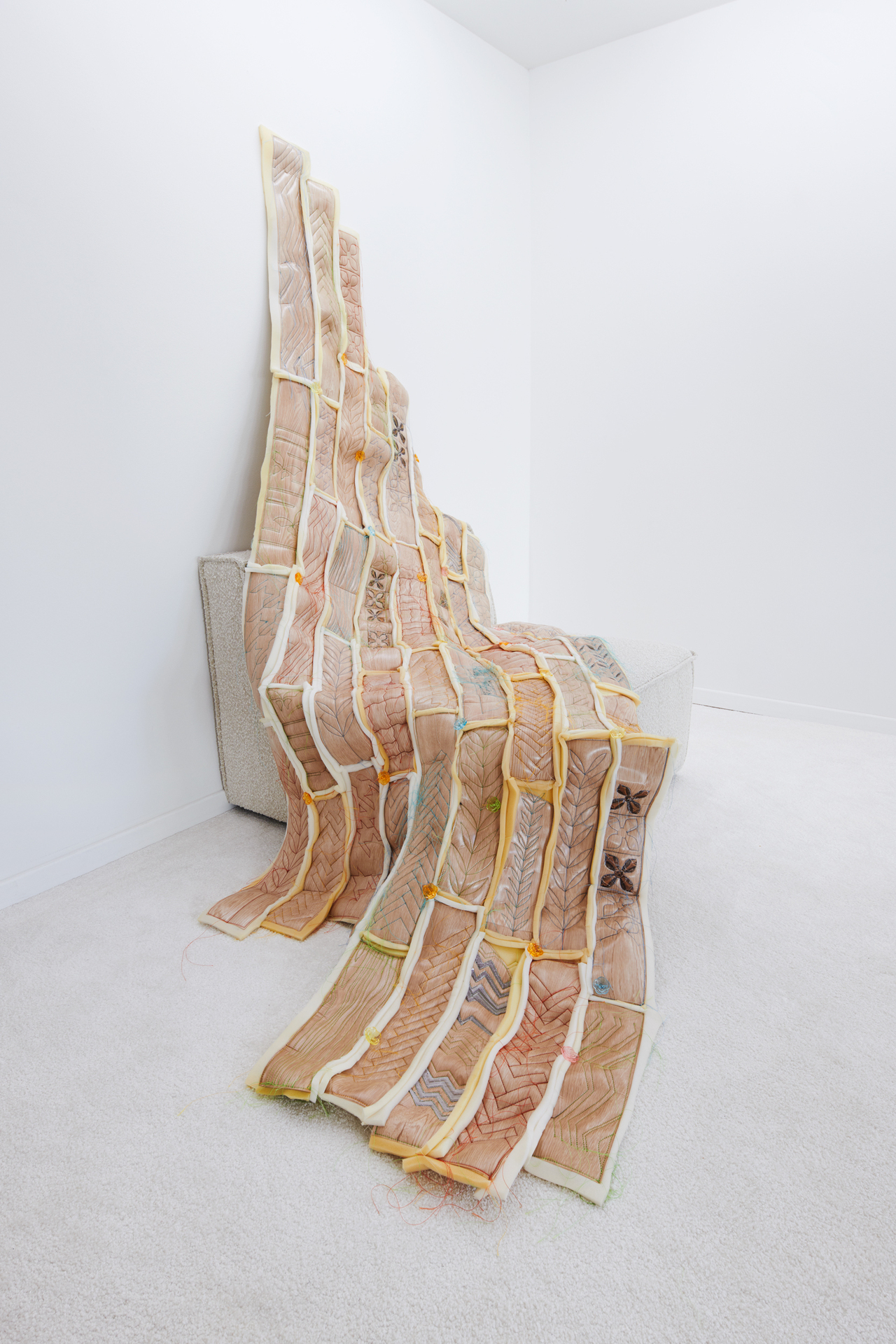 Hansol Kim, tiles to mat, 2021, Floor mat, plastic button, paper, upholstery foam 41.5 x 390 cm