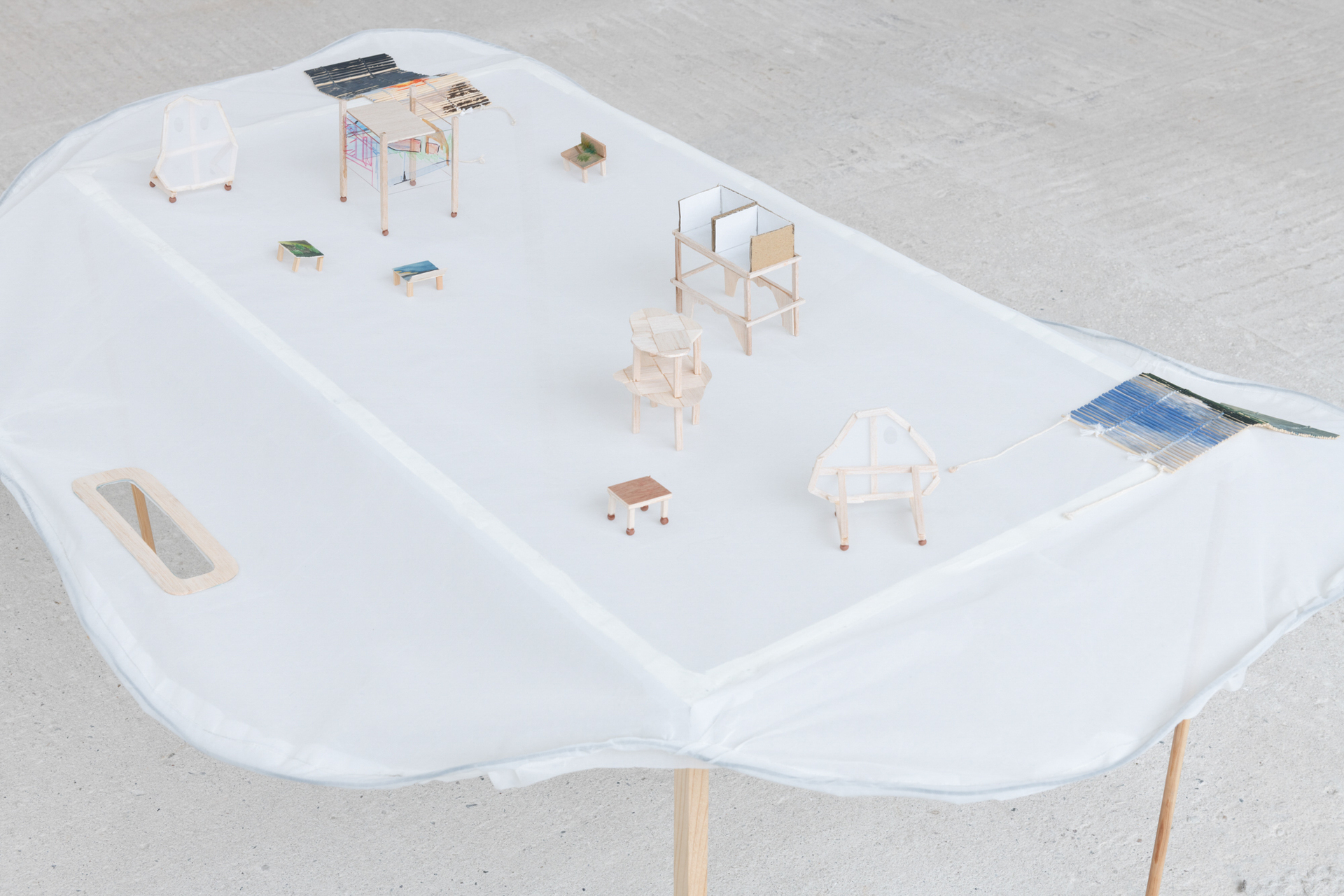 Chae Biole Park, Between floating furnitures: a variation, 2022, pvc, textile, acrylic paint, wood, clay, 140x45x35 cm.