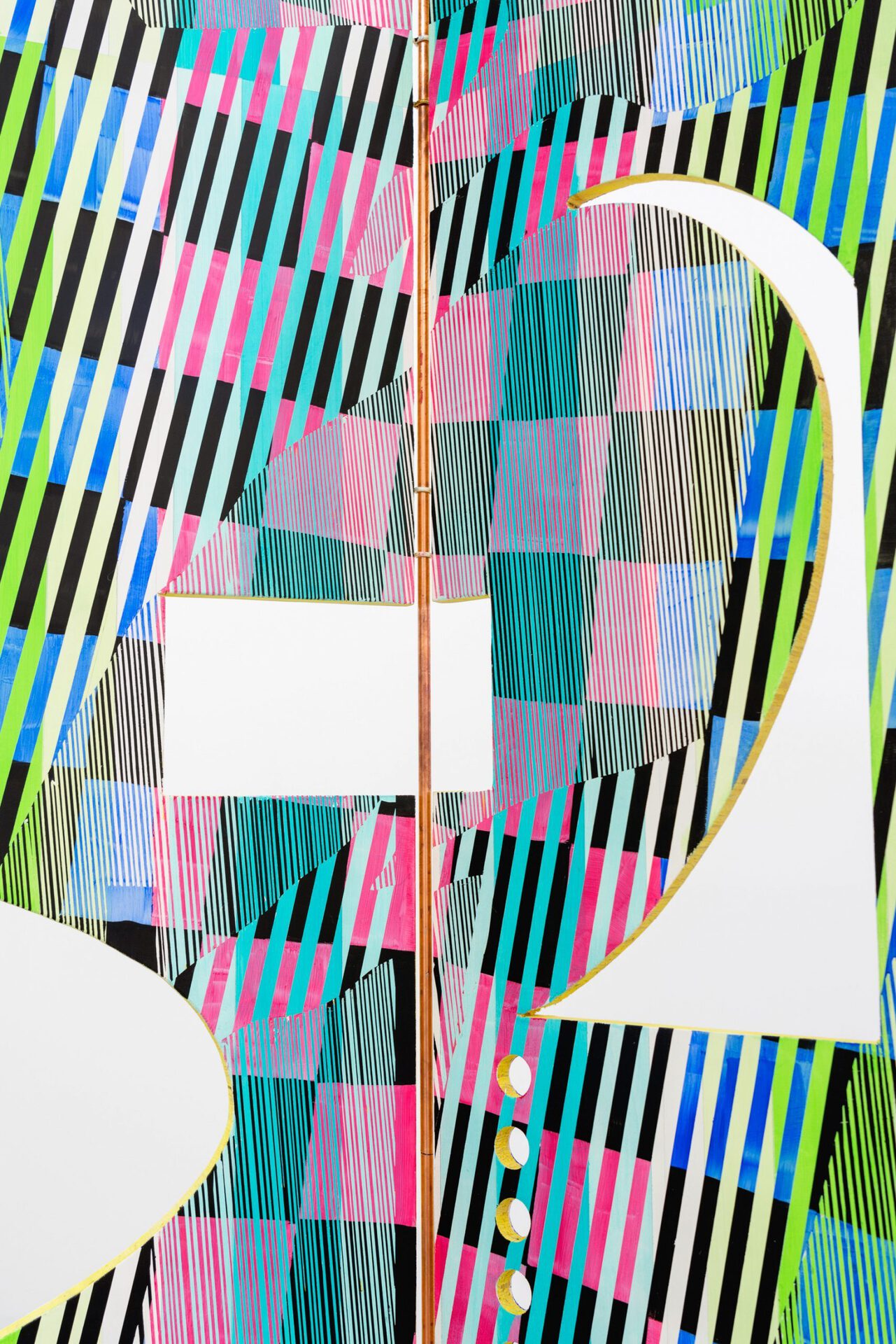 Christof John, „ohne Titel (5ps)“, (detail), 2022, oil, acrylic, pencil, copper, steel, wood, 206 x 371,5 x 1,9 cm