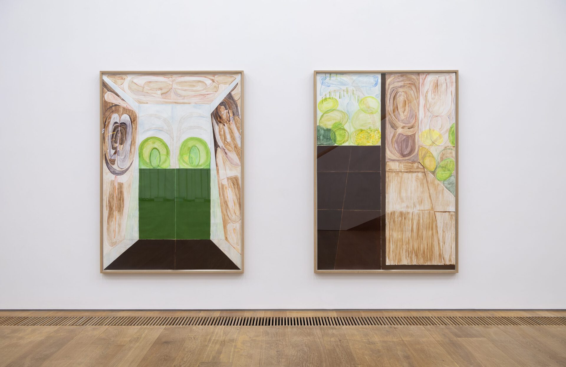 Johanna Klingler, "Garden View I" (Installation view), 2022, "Garden View II", 2022 Acrylic paint, watercolor and crayon on stone paper in artist’s frame