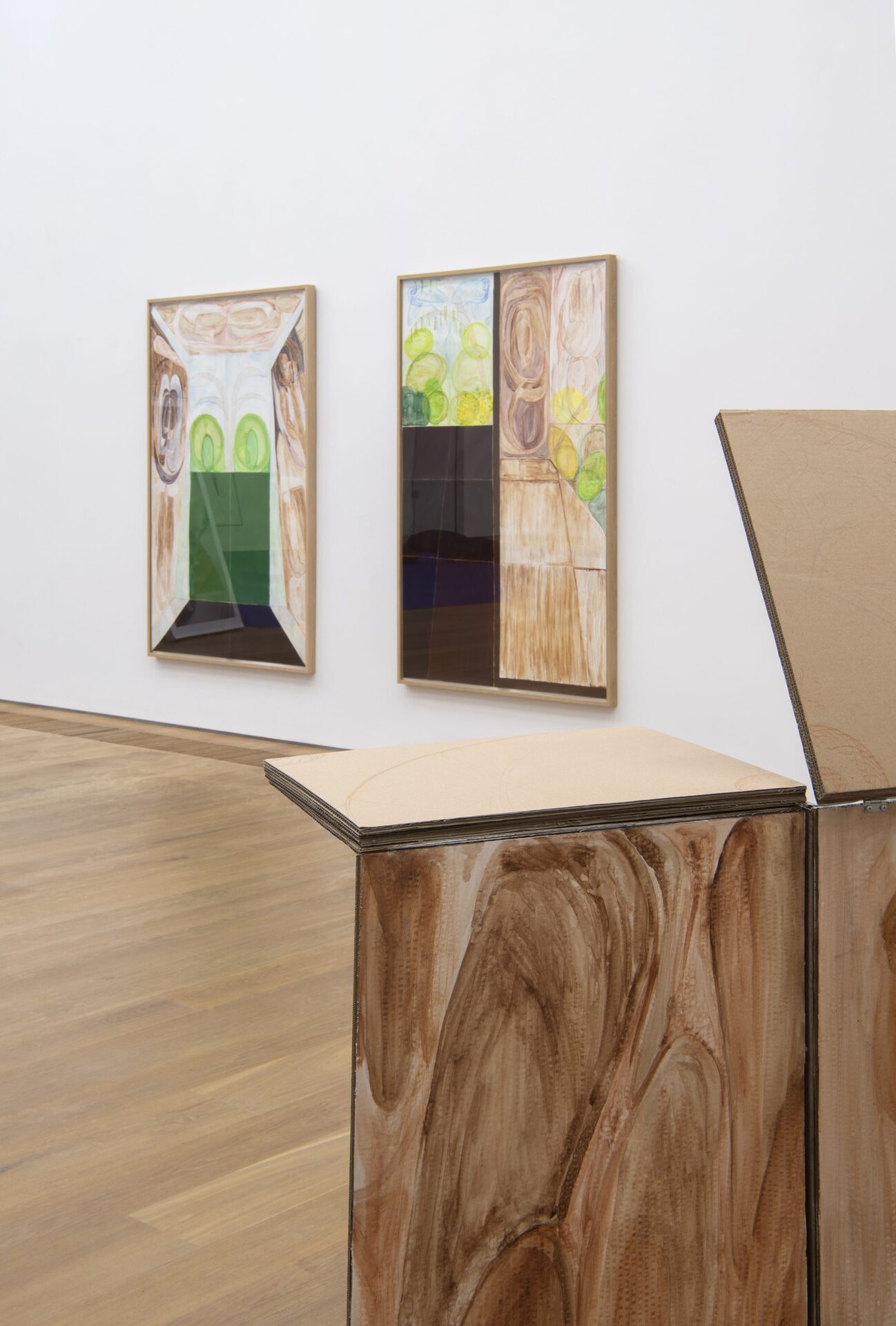 Johanna Klingler, "Garden View I" (Installation view), 2022, "Garden View II", 2022 Acrylic paint, watercolor and crayon on stone paper in artist’s frame "Vision", 2022 Cardboard, watercolor, hinges, wheels, digital prints