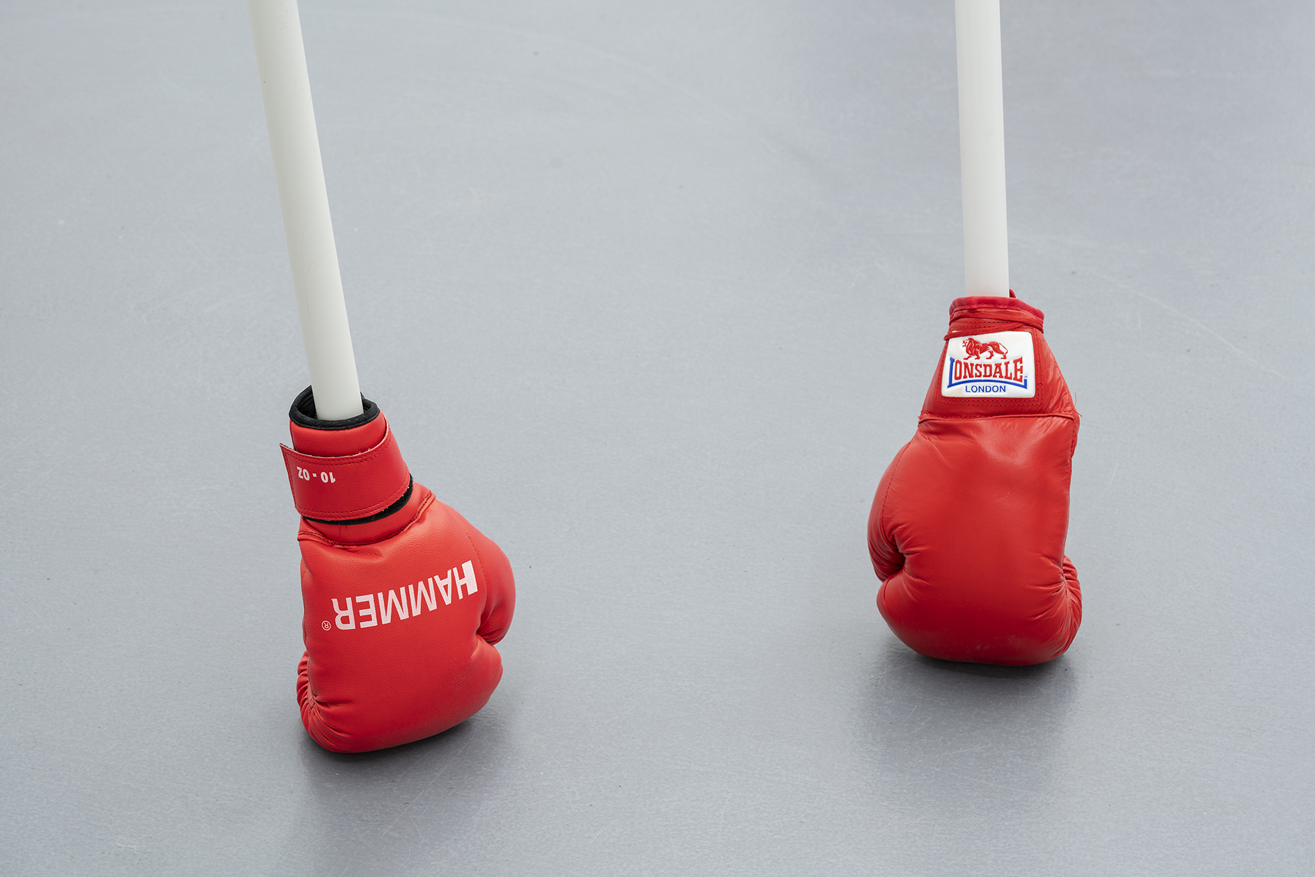 Katja Aufleger, The Argument, 2020 – 3 pairs of boxing gloves, plastic tu- bes, dimensions variable. Courtesy the artist and Galerie Conradi, Hamburg.