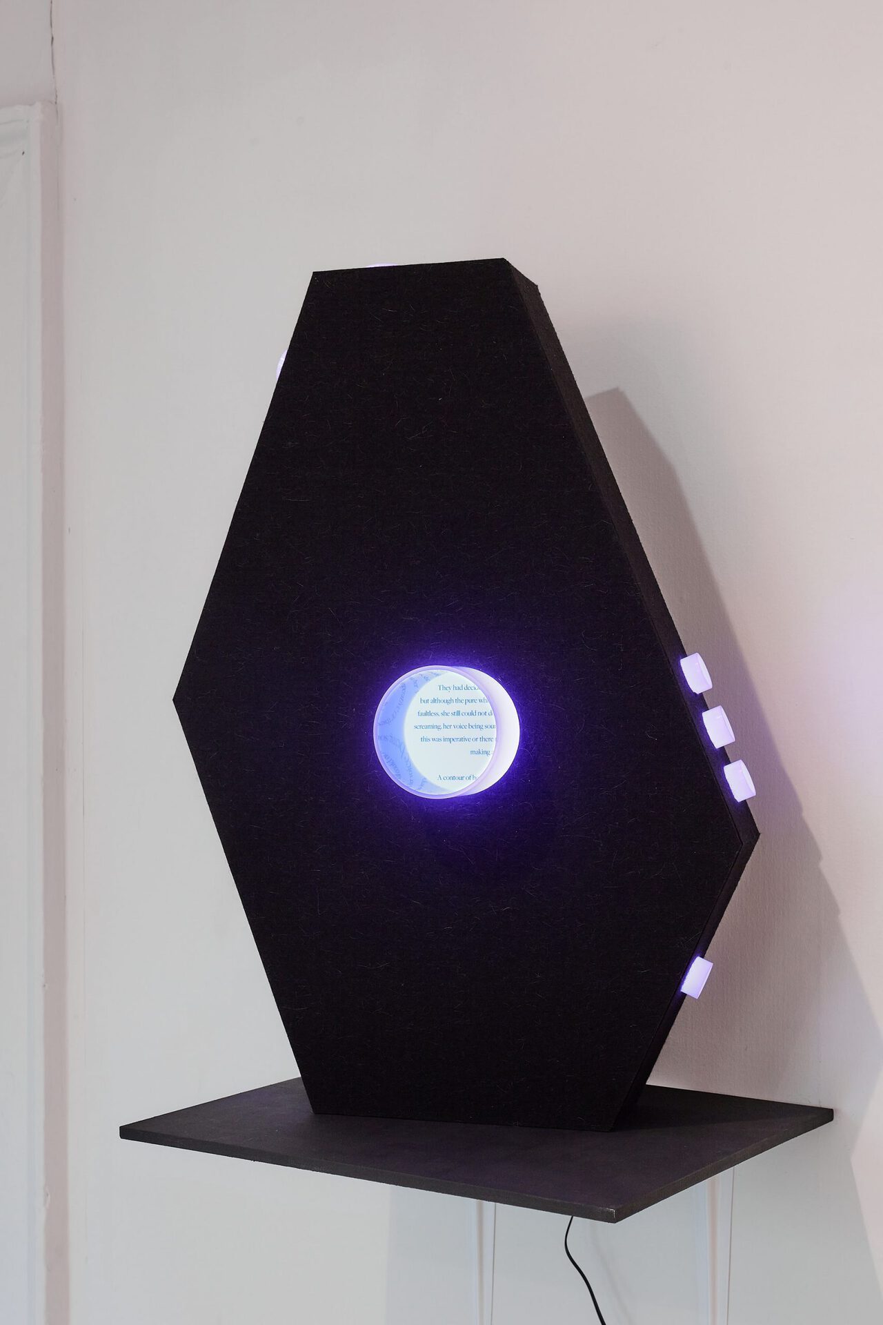 Cecilia Sjoholm, A most treasured ability, 2022, Felt, Perspex, paper, emulsion and LED, 65 x 45 x 9 cm