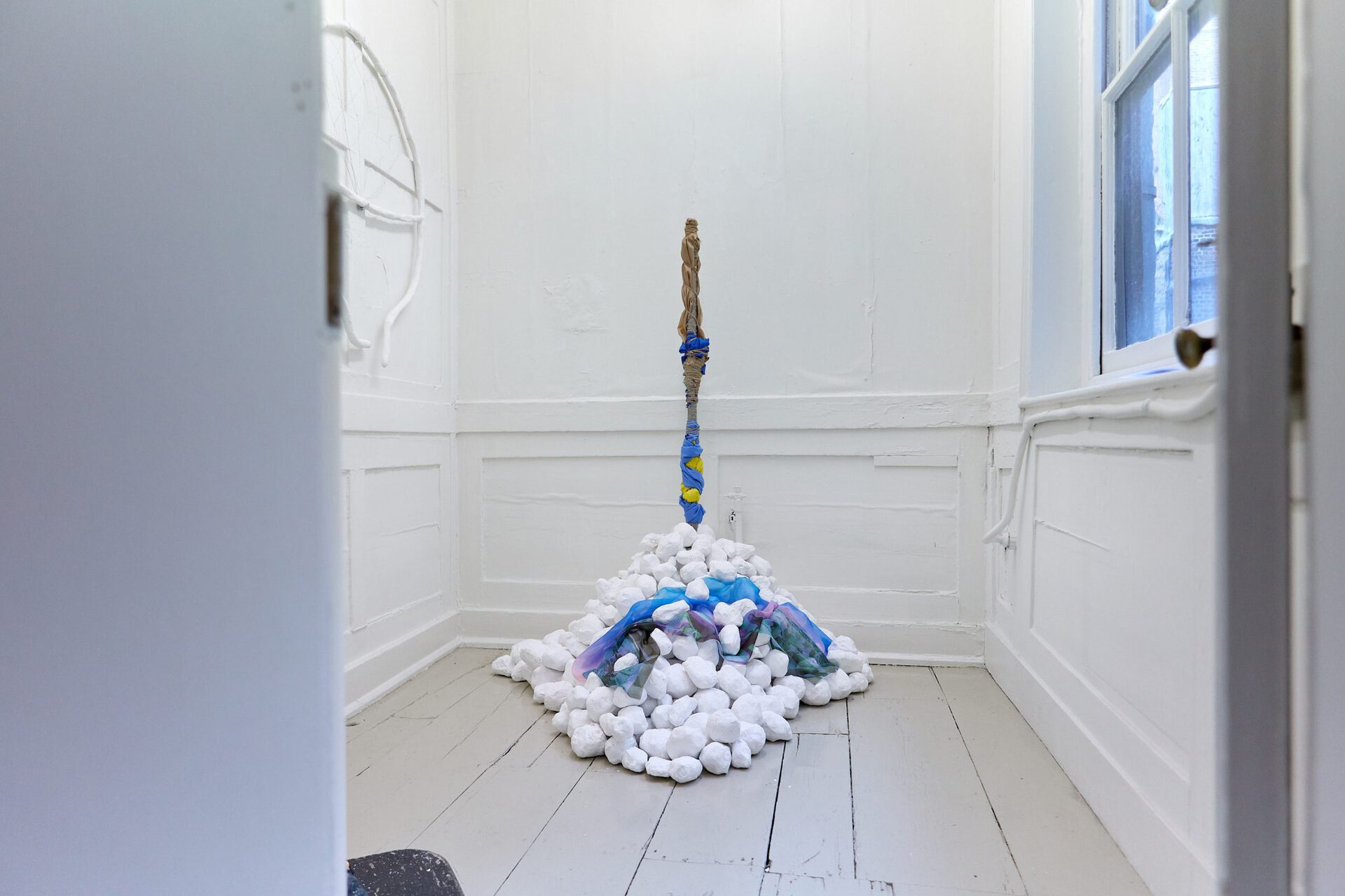 Deborah Tchoudjinoff, Ovoo The City of Gold, 2022, Found paper, wire, fabric, rope, plaster and gold leaf, Approx. 140 x 100 x 100 cm