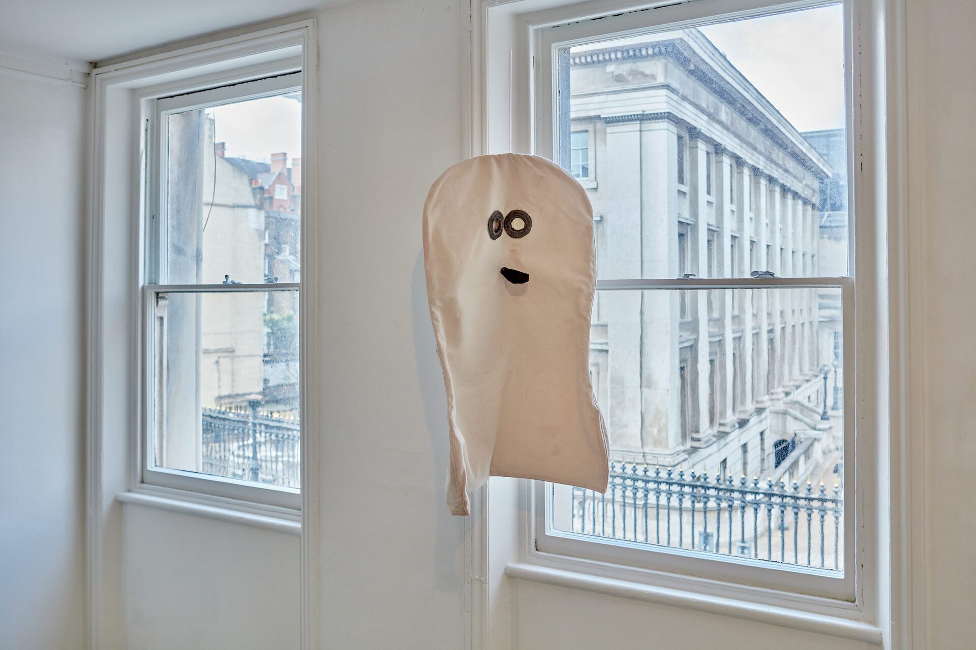 Laura Moreton-Griffiths, Gas Hood Costume, 2016, Sewn canvas, acrylic paint, acetate, drinking straw, aluminium armature wire, Size N/A
