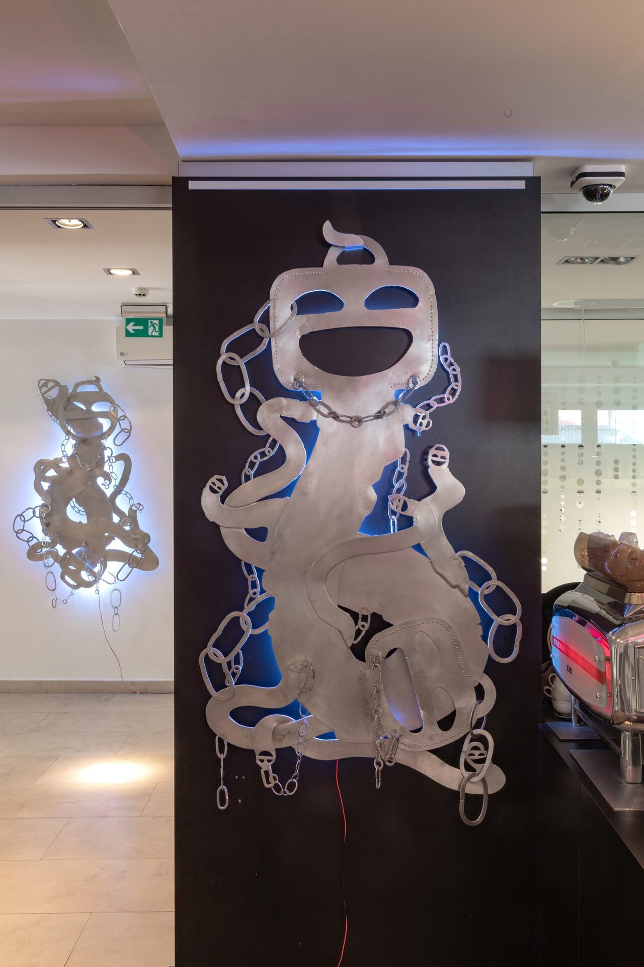 Yun Heo, Getaway, 2019, Aluminium Plate, Aluminium Wire, Lightning Protection Wire, LED Strips, Rhinestones, approx. 180 x 5 x 100 cm.